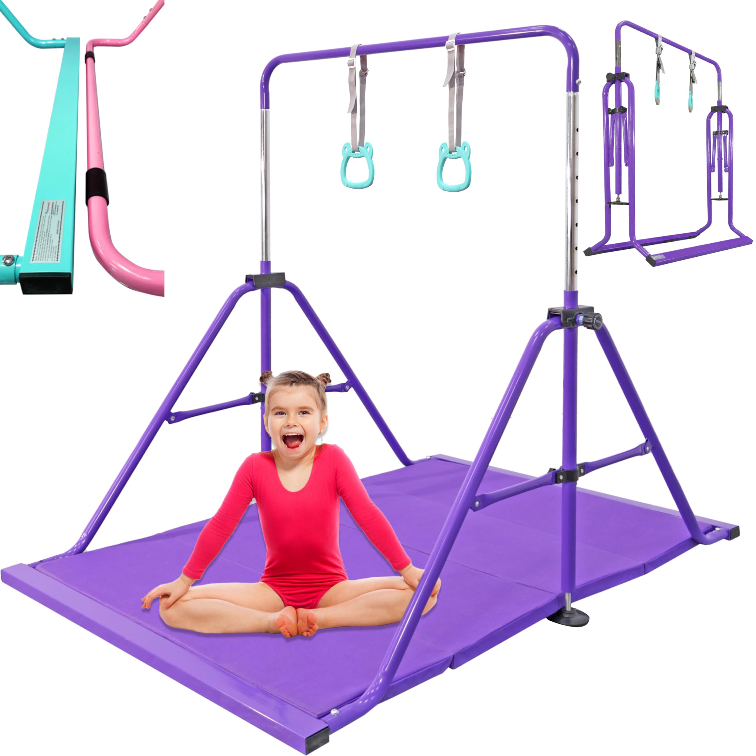 Updated Folding Gymnastics Bar with Rings, Foldable Kip Bar with Sturdier Base, Gymnasitc Training Bar for Kids Ages 3-10, Gymnastic Horizontal Bars, Home Gym Equipment for Boys Girls