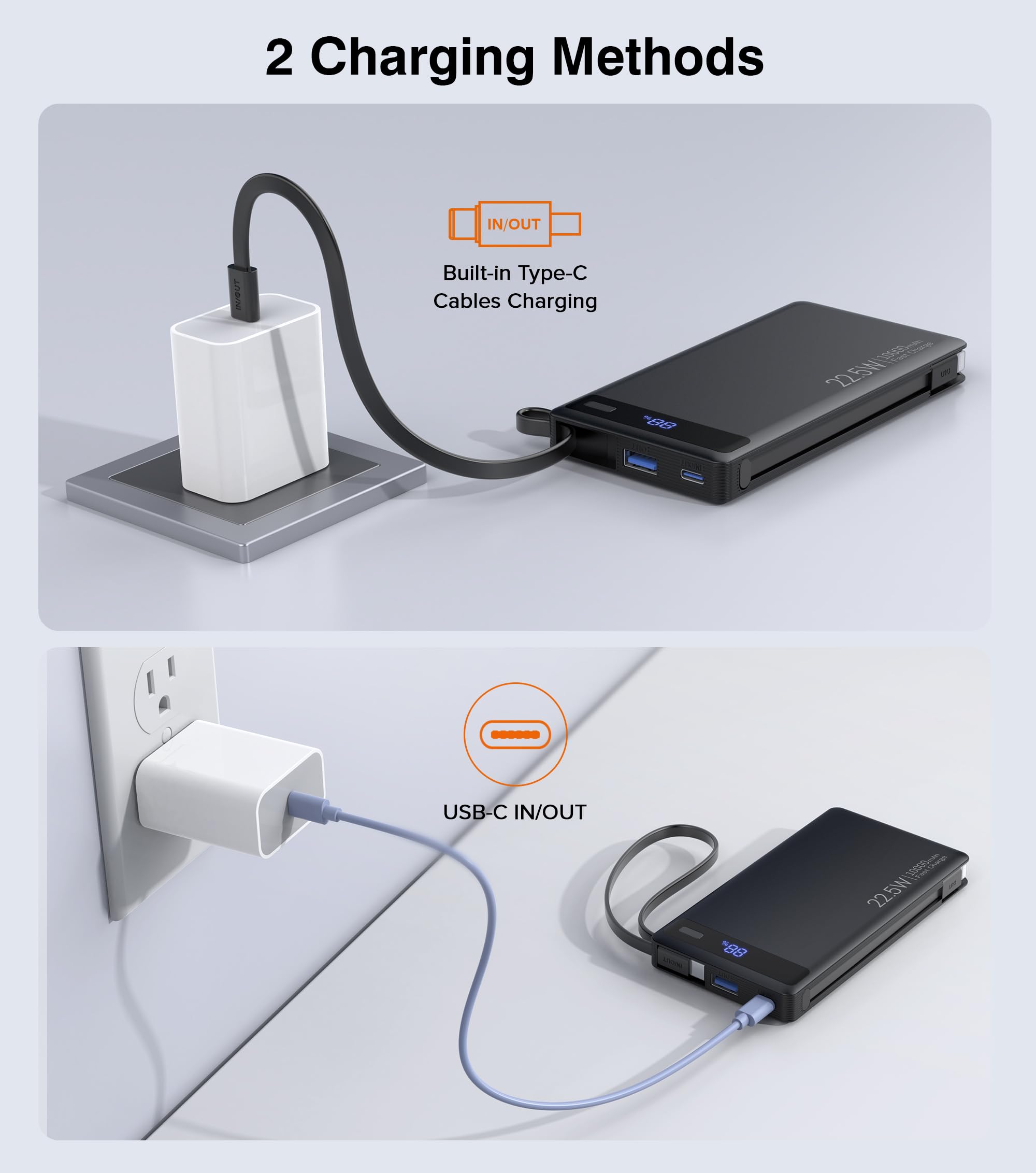Banco de energía con cables dobles integrados, carga rápida de 10000 mAh, cargador portátil PD de 22.5 W con pantalla de nivel de batería y 4 puertos, compatible con iPhone 17/16/15/14, dispositivos