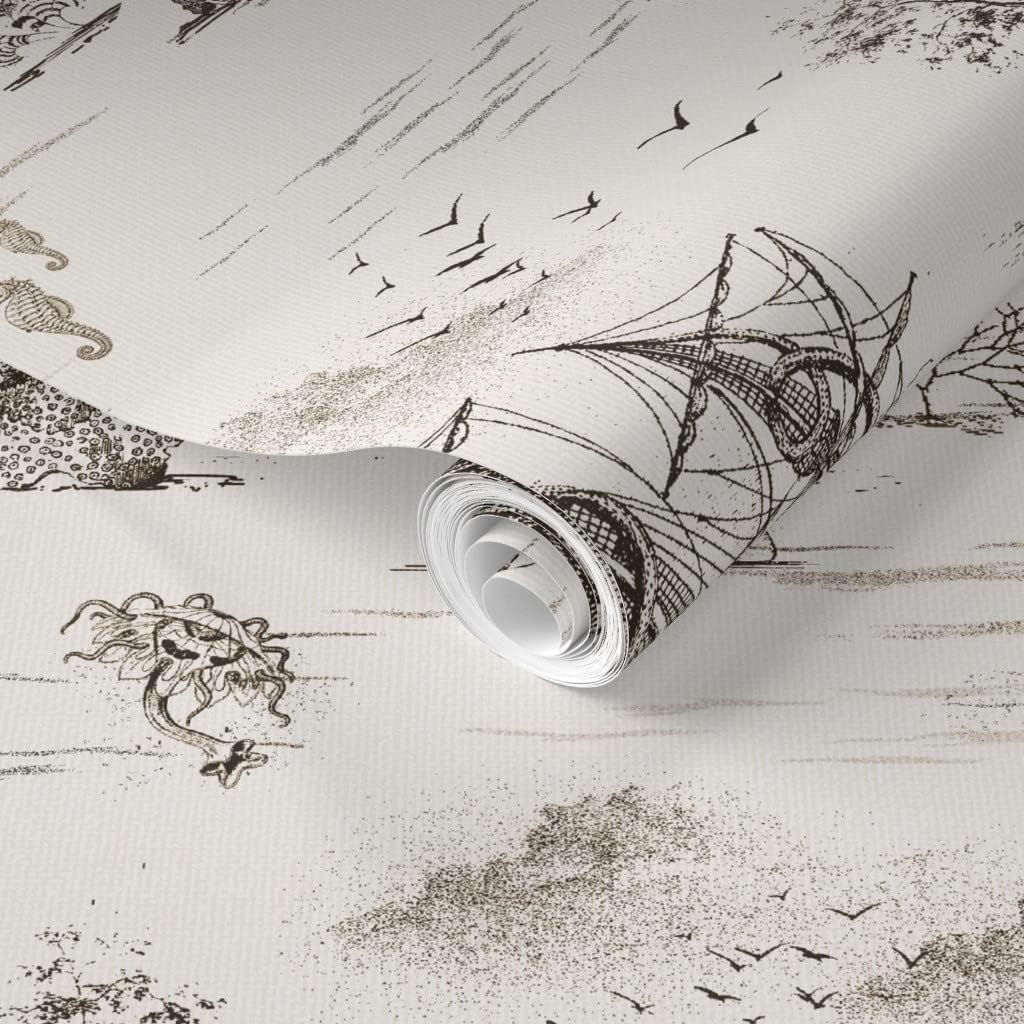 Spoonflower Removable Wallpaper 3ft x 2ft - Vintage Dragon Ocean Octopus Sepia Toile Mermaid Steampunk Custom Pre-Pasted Wallpaper