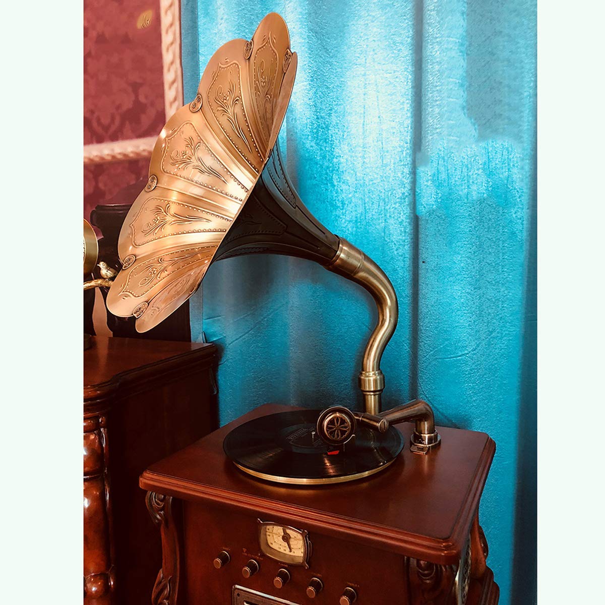 Staromodny gramofon, gramofon retro, duży głośnik z wbudowanym głośnikiem, z wieloma funkcjami, głośnik bluetooth w stylu retro, 3 prędkości, wejście 3,5 mm, wyjście RCA