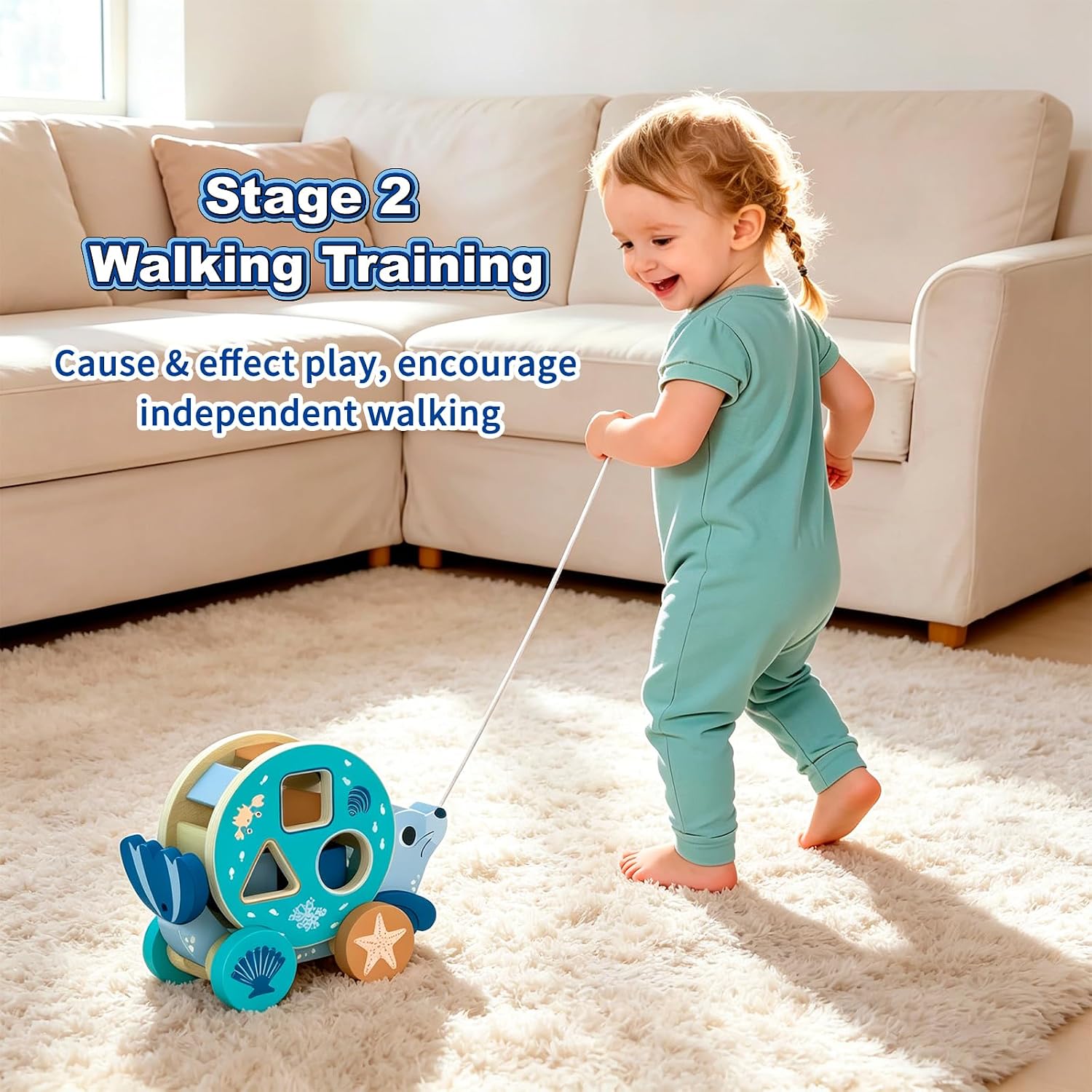 LOVELAND Wooden Seal Pull Along Toy, 3-in-1 Interactive Walker for Toddlers 1-3 with Rattle Ball & Shape Sorter, STEM Educational Push Pull Walking & Crawling Toy for Baby Boy Girl Birthday Gifts