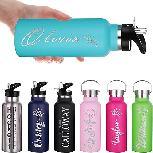 Botellas de agua personalizadas con tapa de popote de 1226 onzas, botella de agua deportiva aislada personalizada con grabado láser, botella de