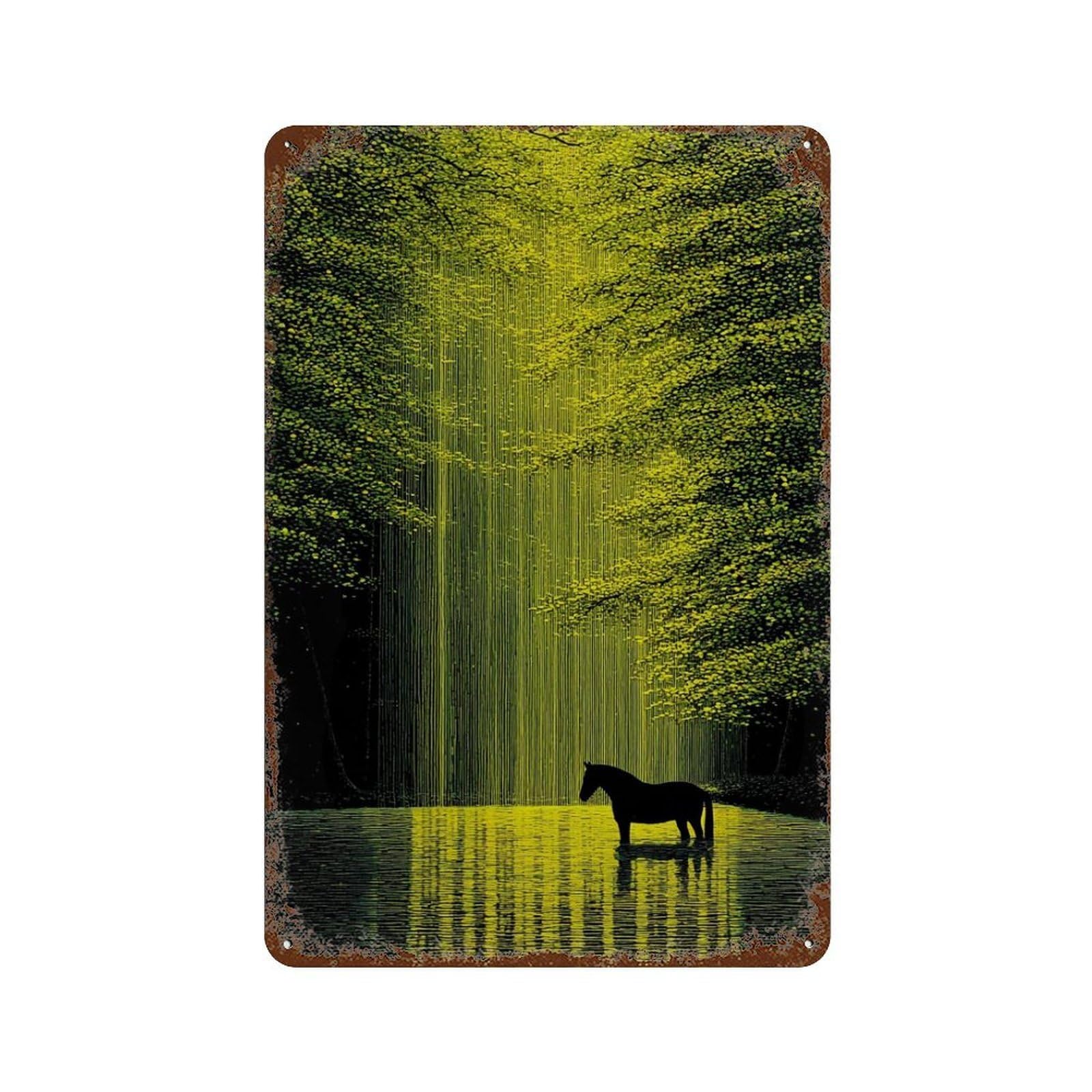 xiaoxiaoshen Moody Forest Horse Dark Green Woodland Nature Atmospheric Modern Storybook Wall Decor Art Metal Tin Poster Modern Home Decor Art Home Bar Shop Decorations Vintage Sign 30x20cm