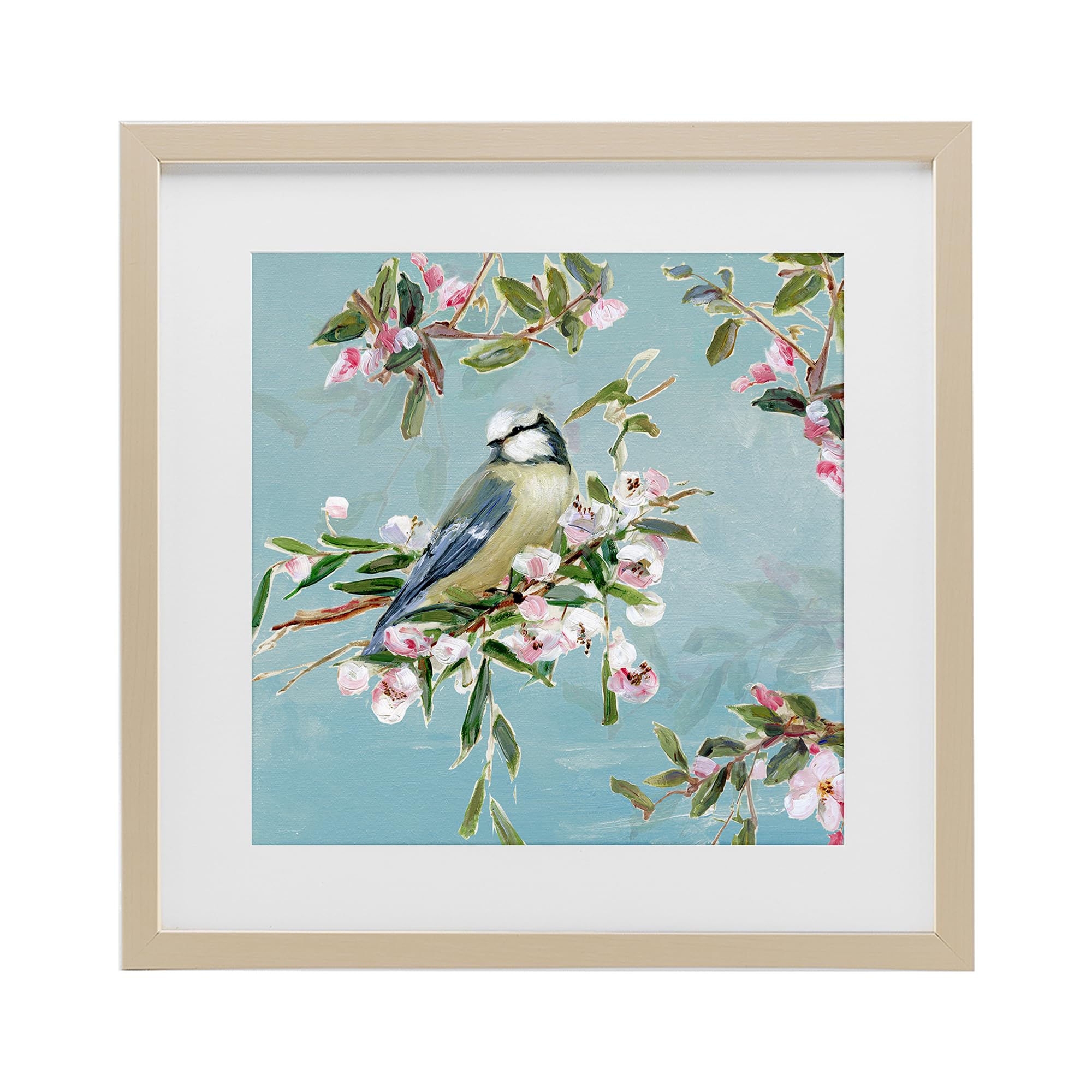 Stupell Industries Pastel Songbird On Blossoms 'Songbird Perched On Blooms', Framed Print Under Glass, Brown, 13 X 13 Inches, Easy To Hang And Sturdy, Made In Usa, By Sally Swatland