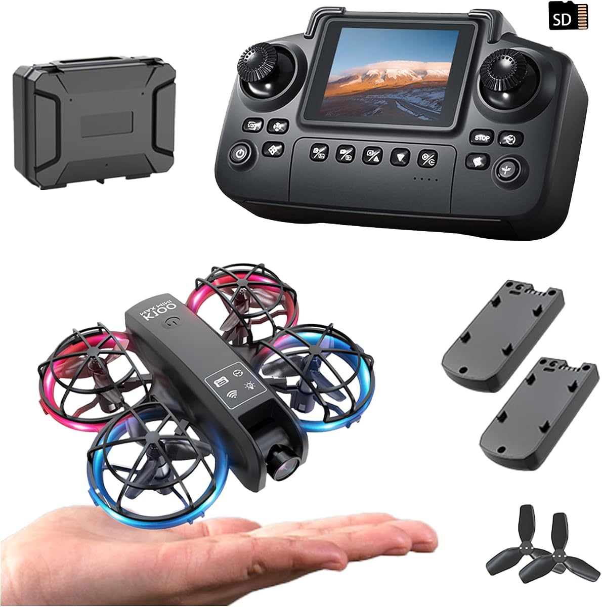 Mini Drone K100, Controlador de Pantalla, 2 Baterías, Apto para Principiantes.