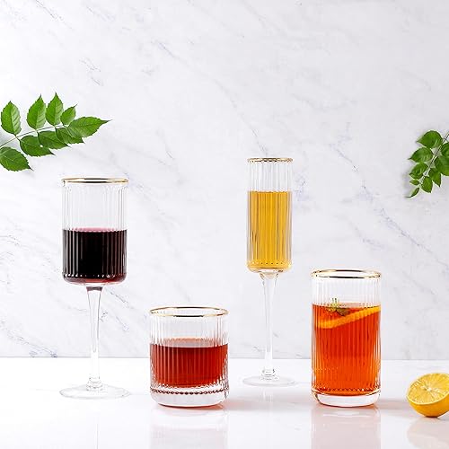 Miniatura 2 de Lysenn Copas de vino, juego de cristalería vintage acanalada y acanalada, incluye copas de vino, copas de champán, copas de whisky y copas altas