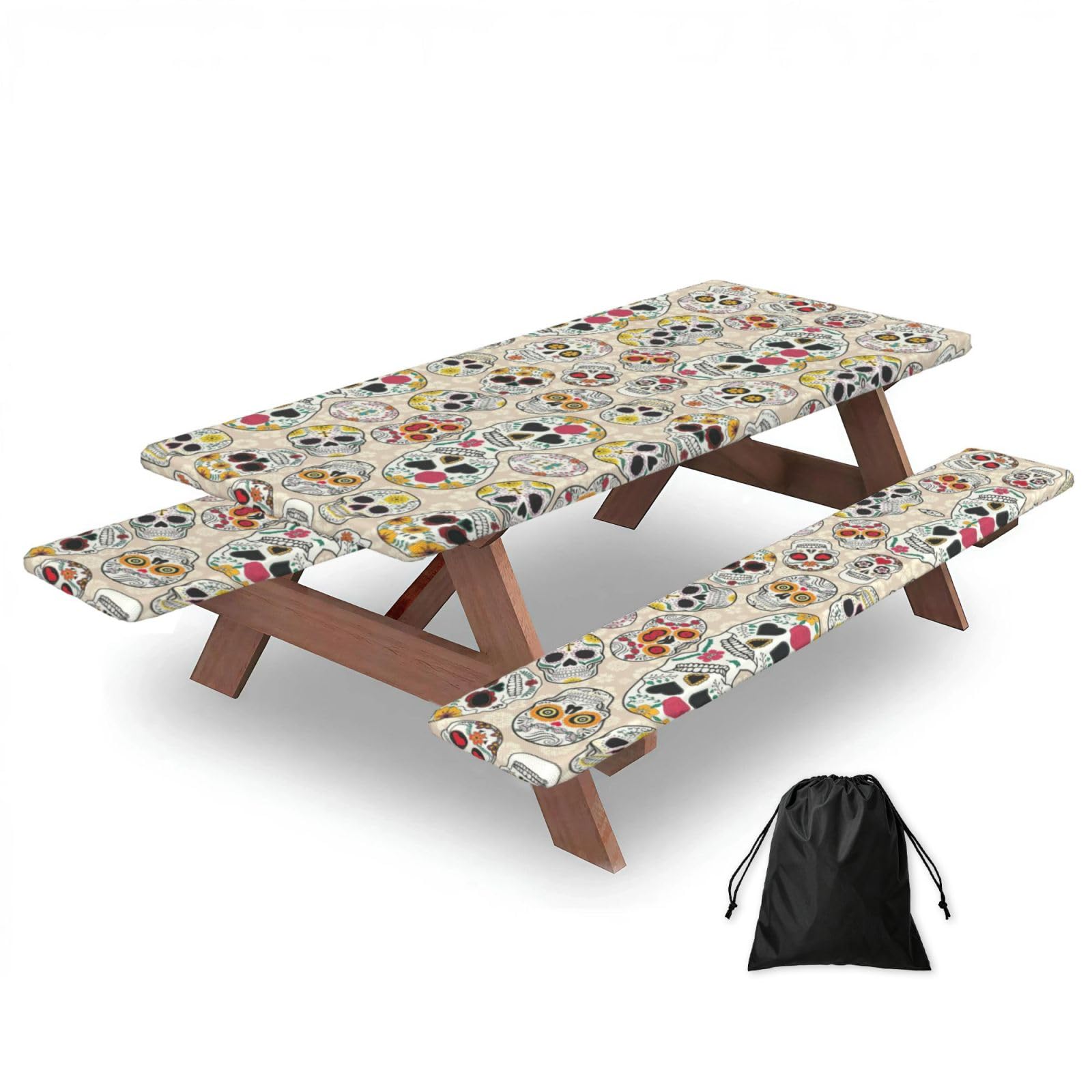Duwaa Black Mexican Skull1 Print 183Cm Picnic Table Cover With Bench Covers, Waterproof Elastic Tablecloth Set For Outdoor