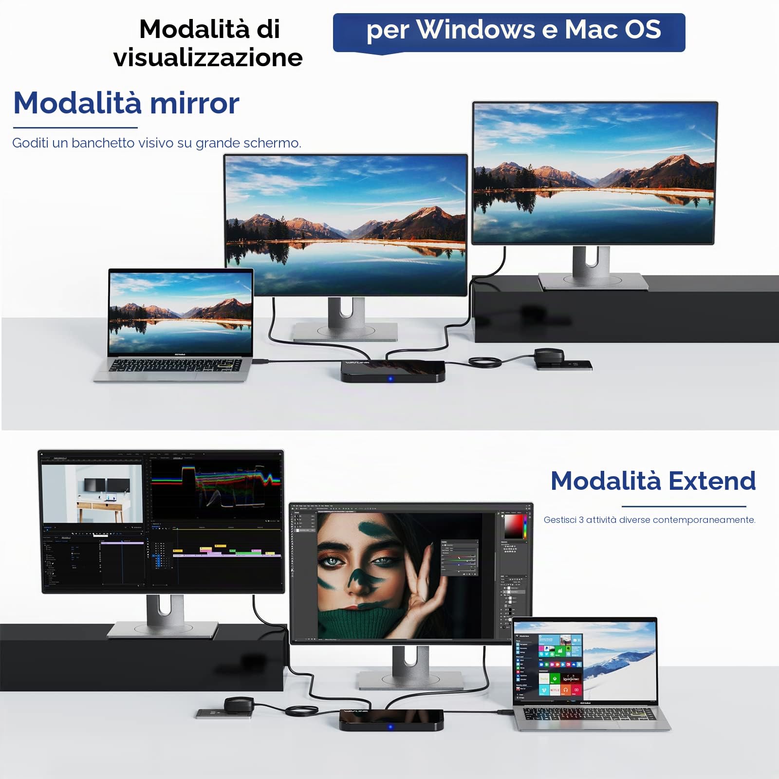 WAVLINK USB 3.0 / USB C Laptop Docking Station per Windows e macOS (doppio monitor: HDMI e DVI/HDMI/VGA, Gigabit Ethernet, audio, 6 porte USB)