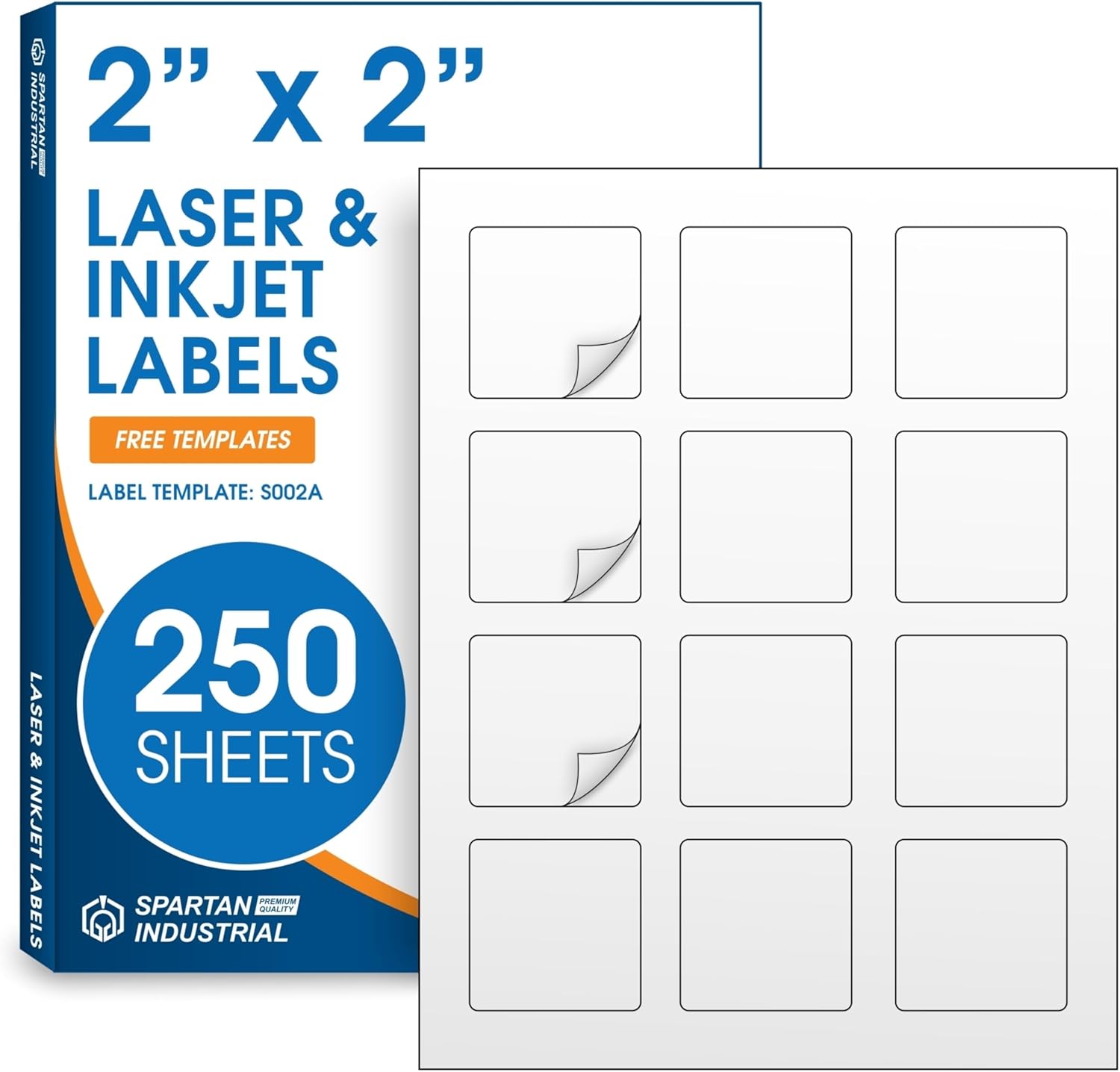 2" X 2" Square Printable Labels for Inkjet and Laser Printers - 250 Sheets, 3000 Matte White Custom Stickers for Business Logos, QR Code Stickers, Product Labeling - Spartan Industrial Template S002A