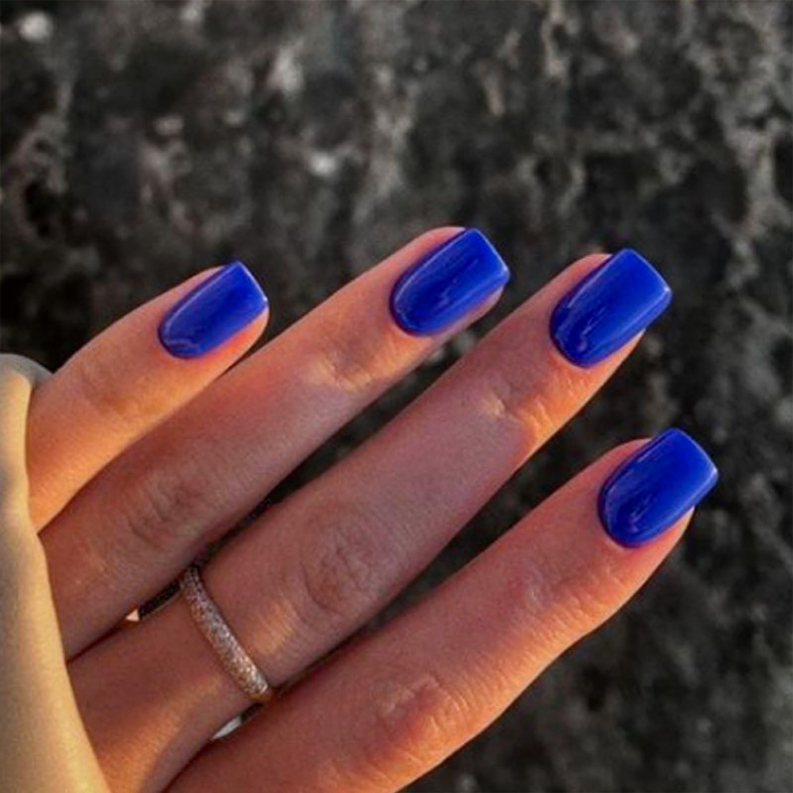 Royal Blue Press on Nails Short Square Fake Nails Glossy Chrome Glue on Nails Solid Dark Blue Color Acrylic Nails Press on Reusable Artificial False