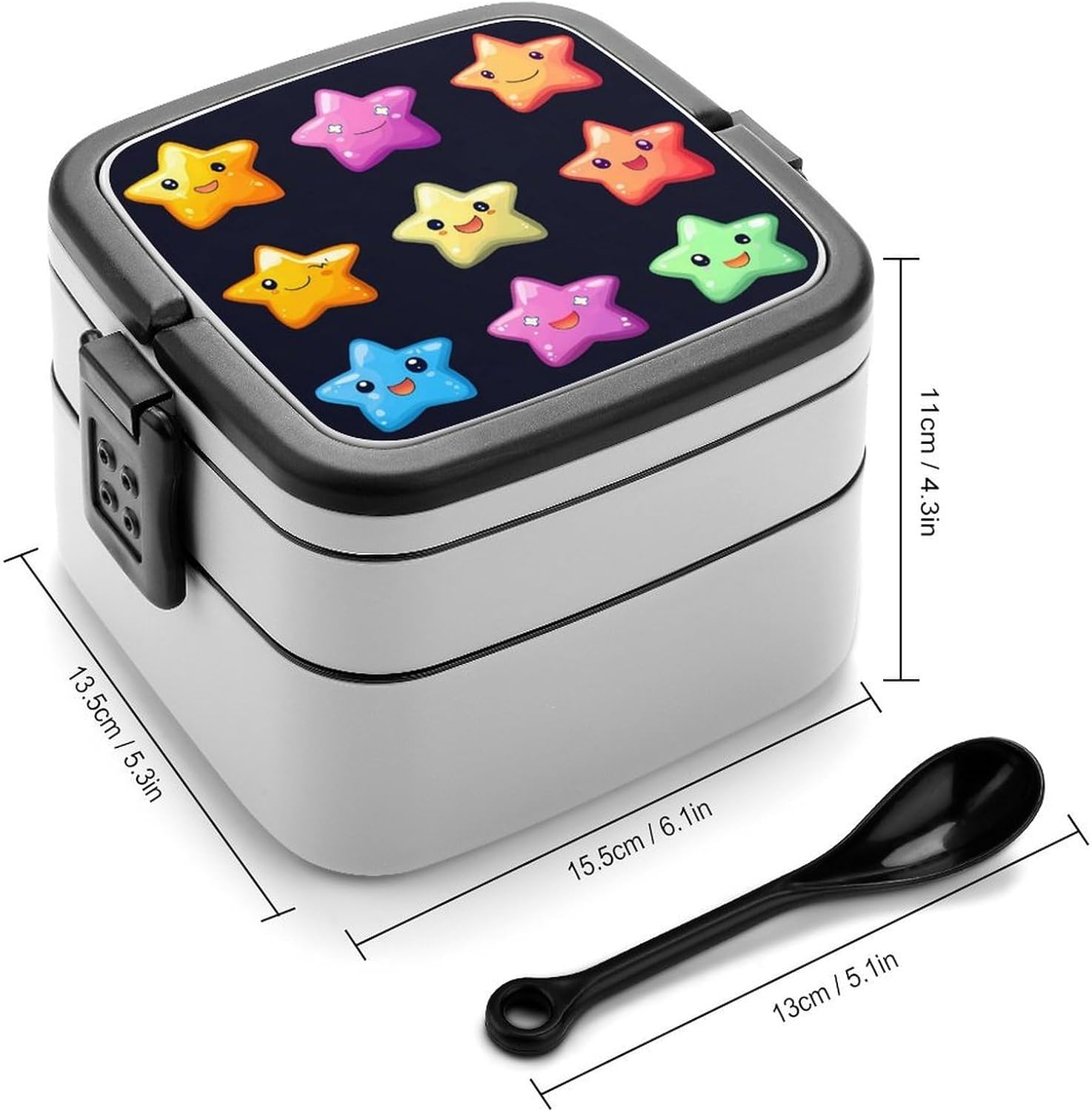 Colorful Stars Bento Box with Spoon 2 Layer Food Container Cute Lunch Box for Travel Dining Work