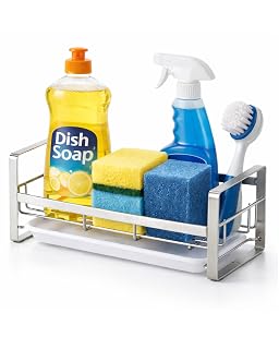 HULISEN Large Sponge Holder, 304 Stainless Steel Kitchen Soap Dispenser Caddy Organizer, Countertop Soap Dish Rack Drainer with Removable Drain Tray, not Including Dispenser and Brush, Silver - Amazon product rated Grade A