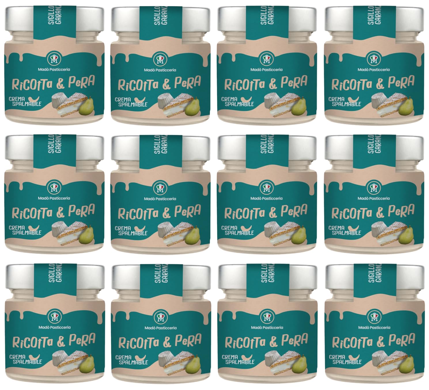 12er-Pack MADÒ PASTICCERIA Crema Spalmabile Ricotta e Pera Handwerkliche Streichfähige Creme mit Ricotta-Käse und Birne Geschmack,200g Glas