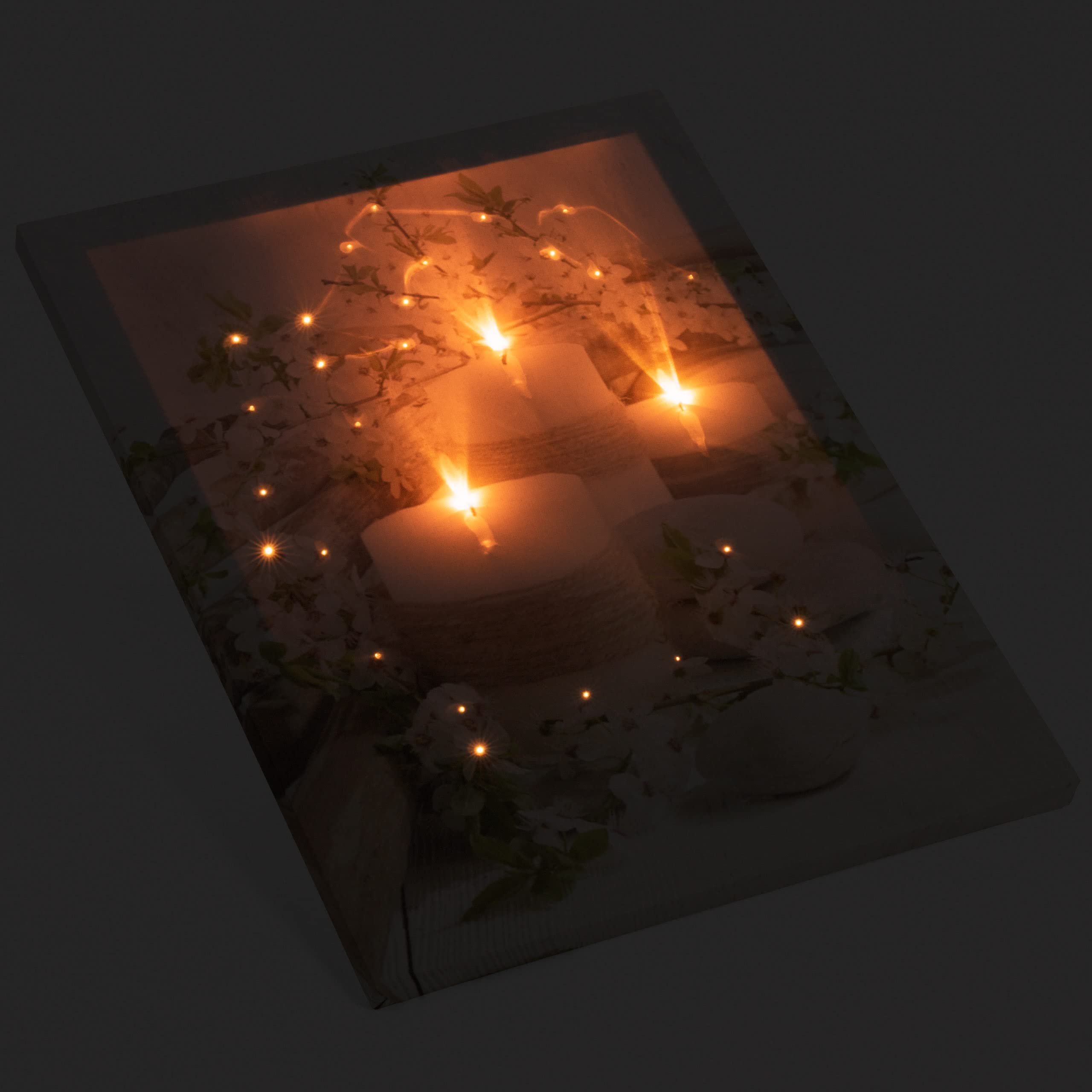 Nexos Trading LED Wandbild Leinwandbild mit Beleuchtung Timer Fotodruck Kerzen Arrangement 30x40 cm Kunstdruck Leuchtbild 3 warmweiße Flacker Effekt LED Wellness 30 Glasfaser