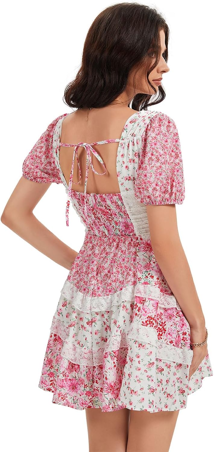 hibshaby Women's Floral Patchwork Dress V Neck Lace Layered Ruffle Flowy Babydoll Dress Puff Sleeve Tiered Mini Sundress - Image 2