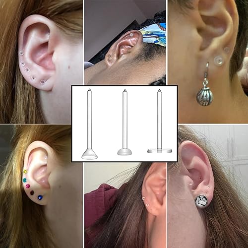 Miniatura 2 de Aretes de plástico invisible de 0.118 pulgadas para orejas sensibles, 600 piezas de aretes hipoalergénicos y postes de almohadilla plana, accesorios