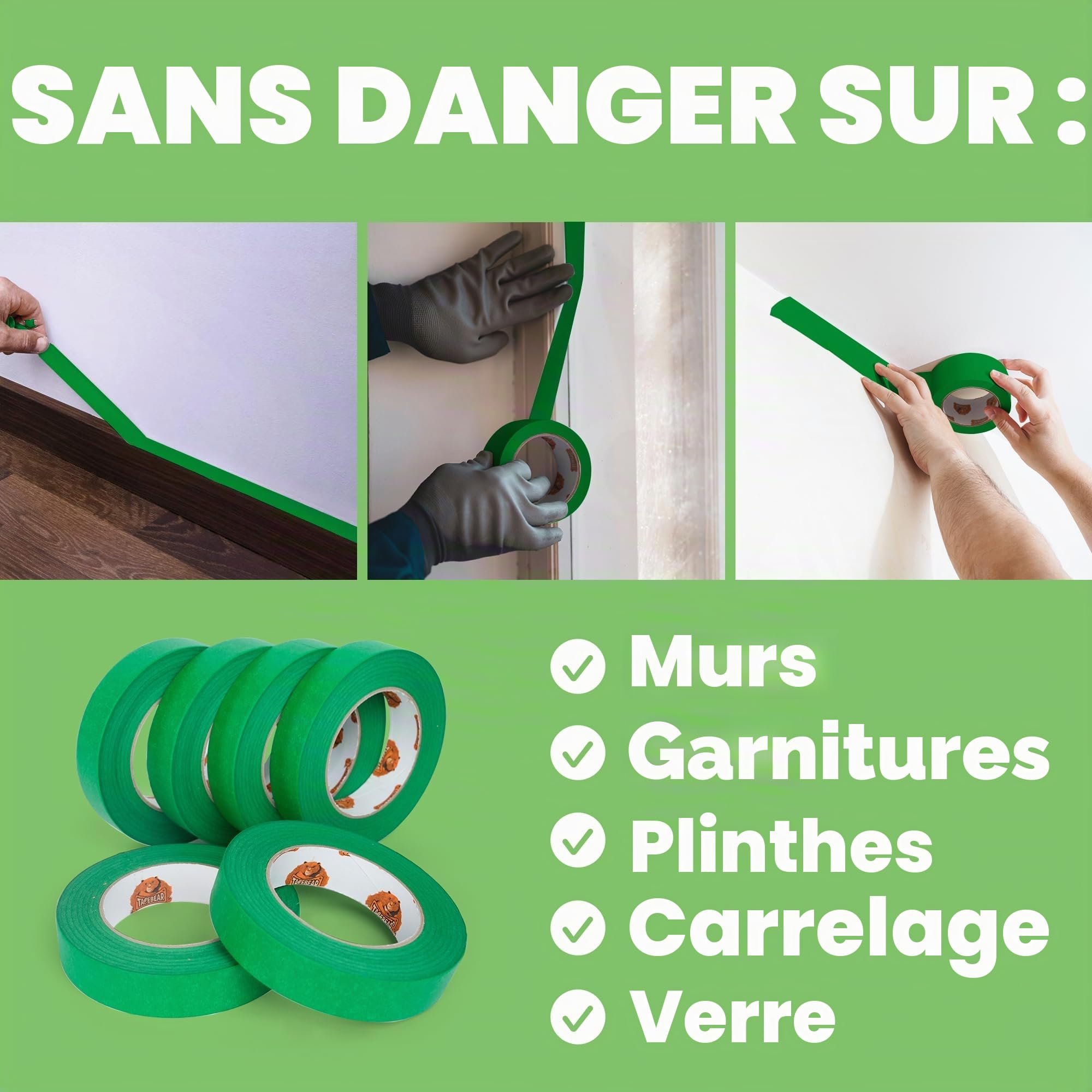 TAPEBEAR Vert Ruban de Masquage 48mm x 55m, 6x Adhésif pour les travaux de peinture et de rénovation, Ruban crêpe pour peindre, vernir, rénover