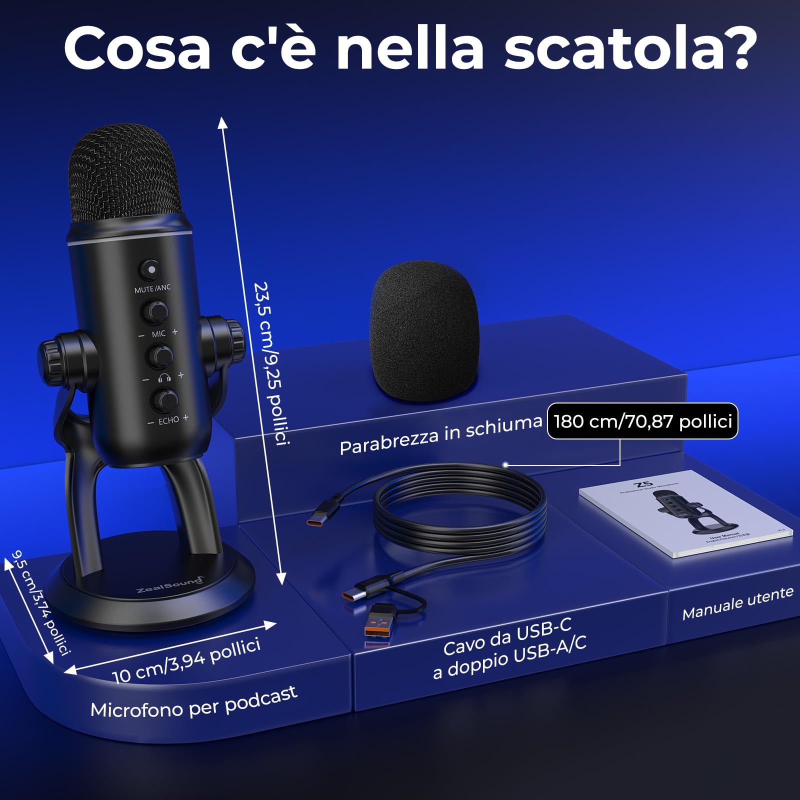 zealsound Microfono USB, microfono per podcast plug & play per PC e telefono, Z5 | con cancellazione del rumore, mute e guadagno, microfono a condensatore da tavolo per streaming, gaming e ASMR