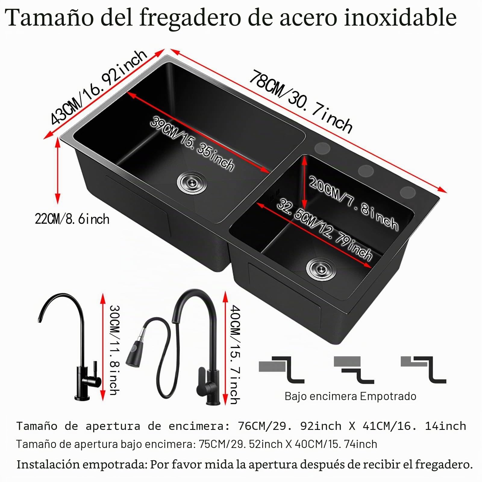 Fregadero cocina 2 seno Fregadero de acero inoxidable Lavabo con Grifo extraíble y accesorios para dispensador de jabón y fregadero. (78 * 43CM, Negro)