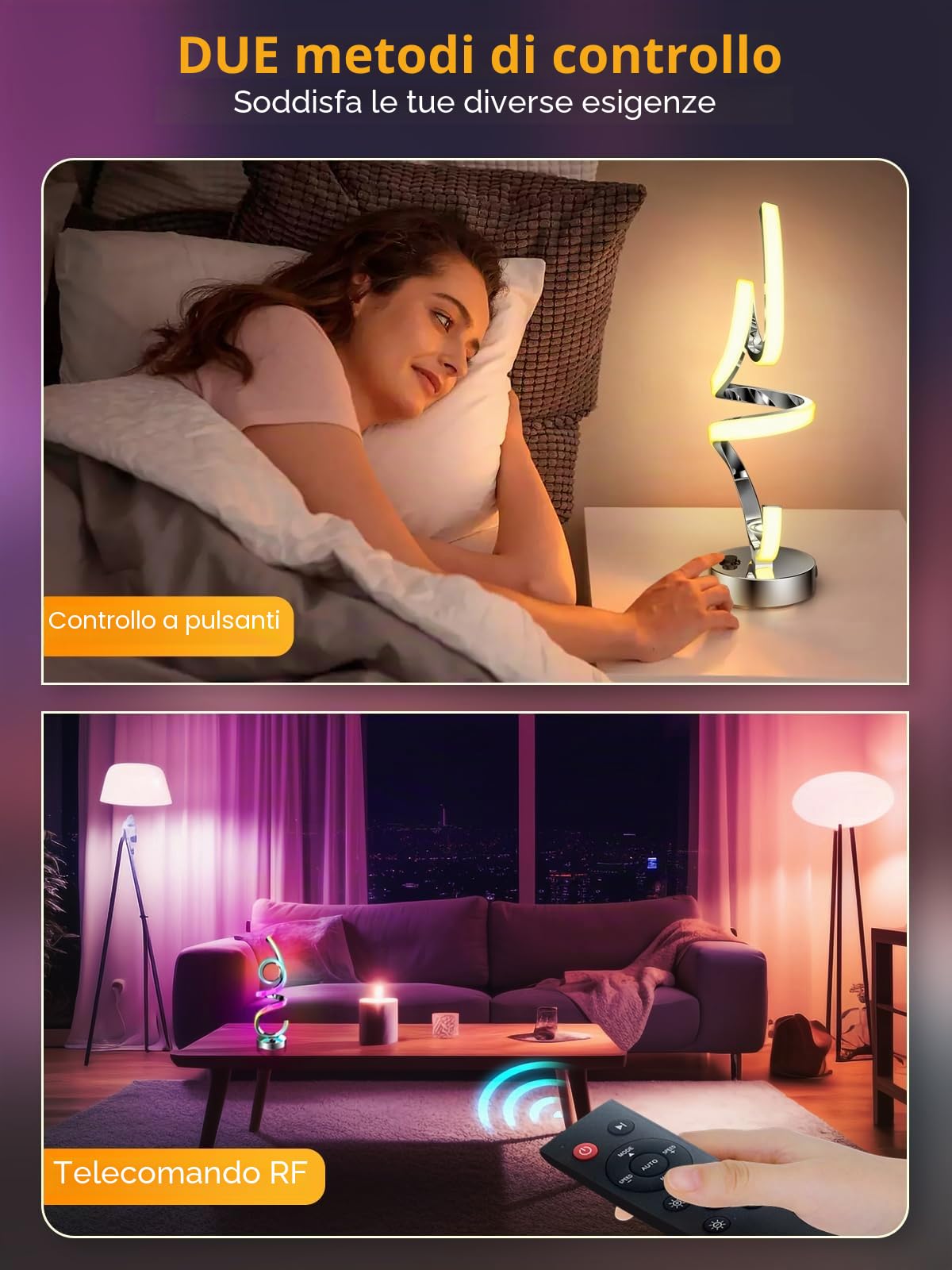 Lampada da comodino a LED dimmerabile, RGB bianco caldo, senza fili, a spirale, moderna, con batteria, ricaricabile, 10 modalità dinamiche con telecomando e timer, luce notturna per camera da letto