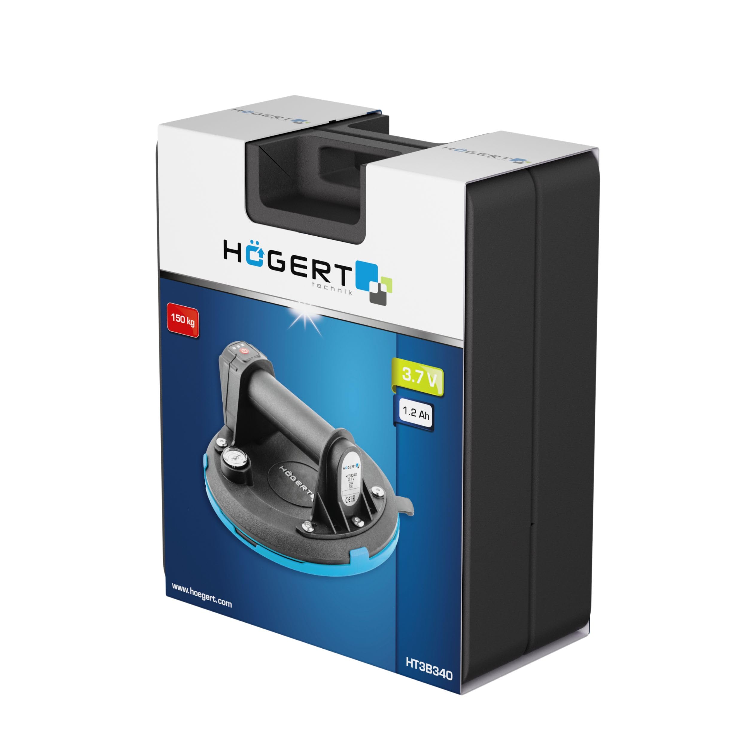 HÖGERT TECHNIK - Ventosa a batteria da 200 mm con manometro, aspirapolvere a batteria Heavy Duty, carico: 150 kg, la ventosa viene utilizzata per il trasporto di vetrate, oggetti lisci e piastrelle in