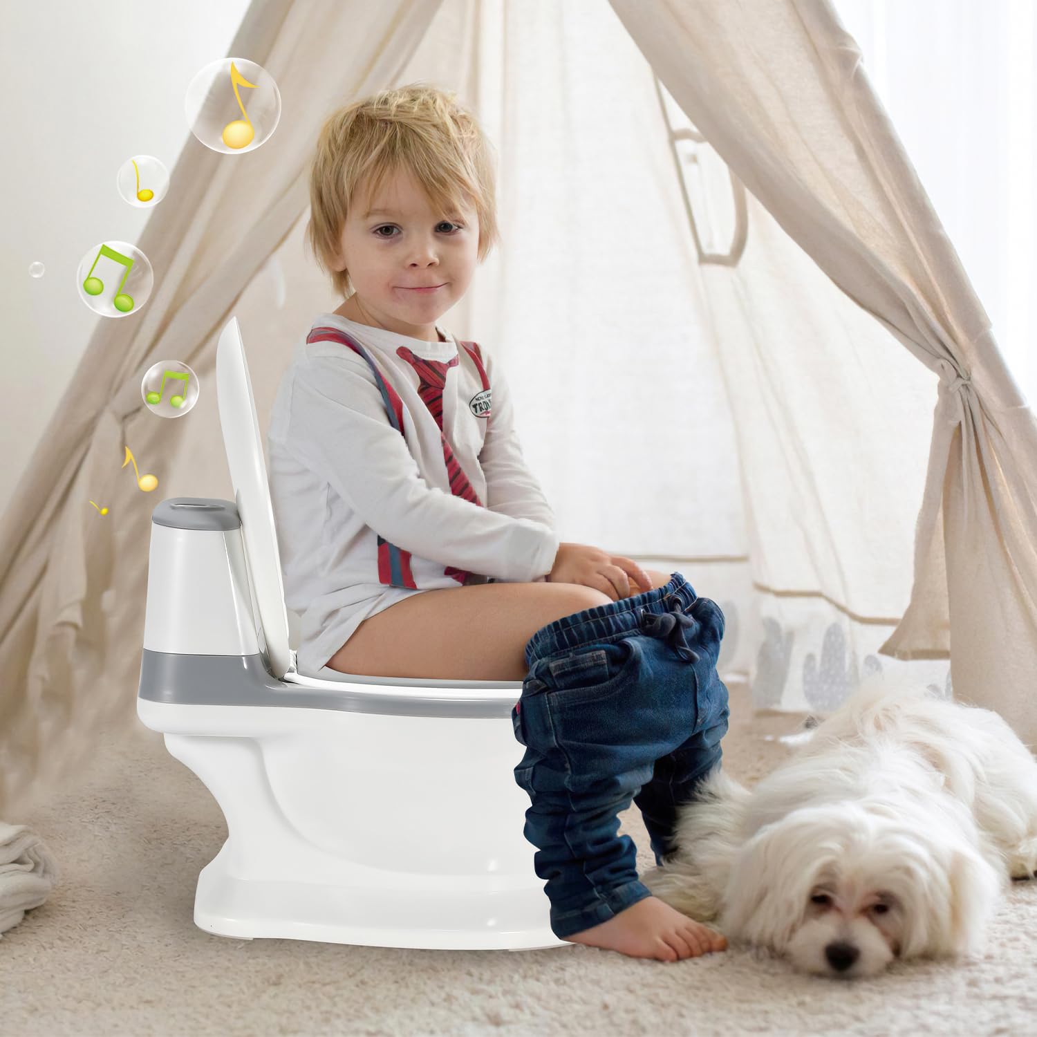 Ikodm Kinder töpfchen mit Spülgeräusch,Toilettentrainer für Kinder mit Sound und Batterien,Töpfchen für kinder weiches PU-Kissen,mit Pinsel Grau weiß