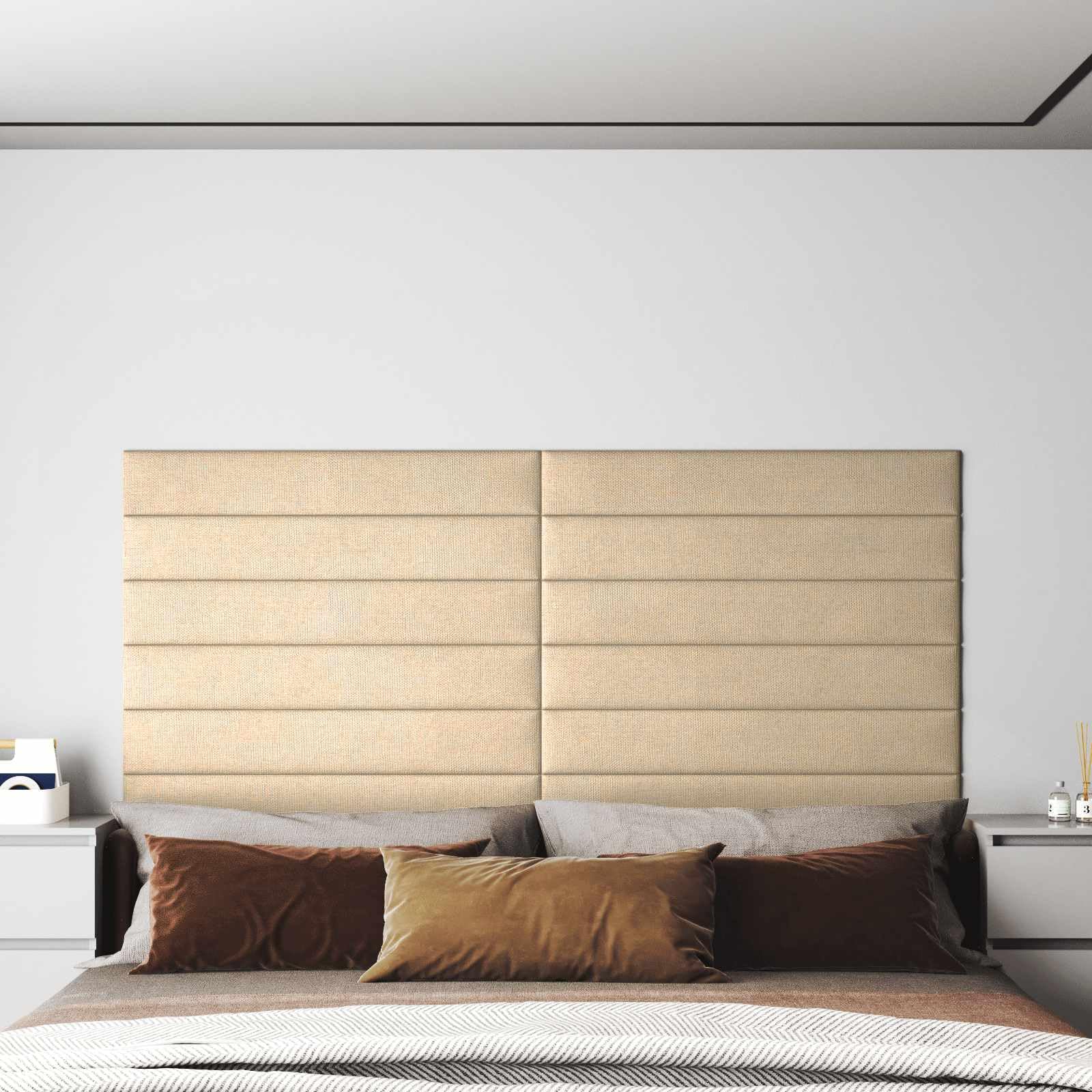 Juego de 12 cabezales de pared color crema, 90 x 15 cm, tela, revestimiento de pared para dormitorio, panel de pared con marco de madera, panel decorativo moderno para un diseño tranquilo de
