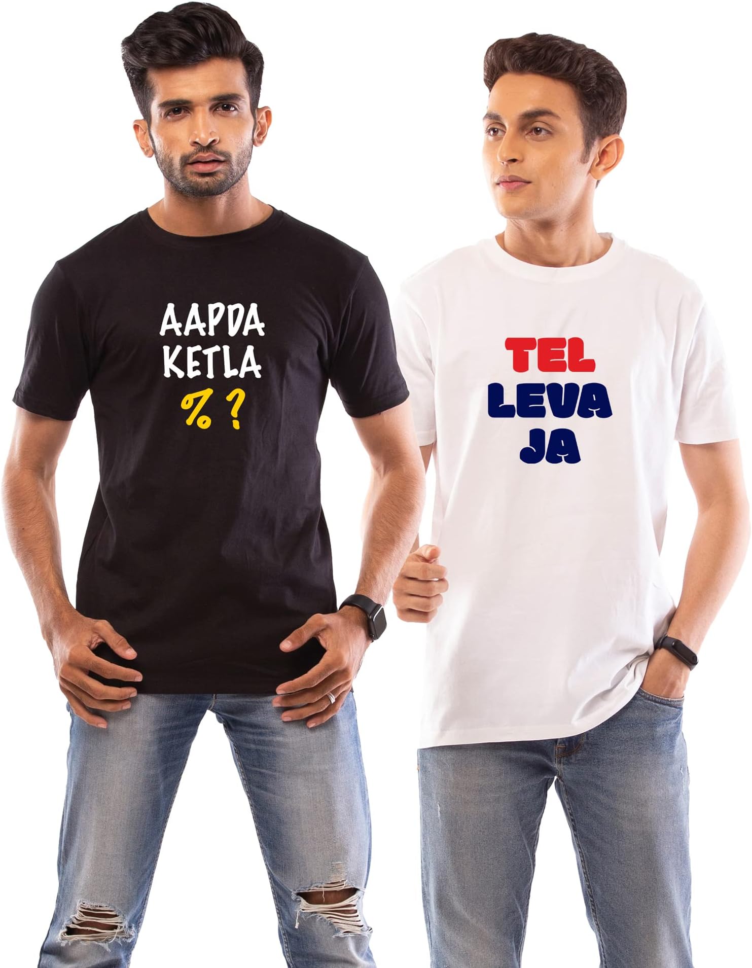 Lappen FashionMen’s Cotton Printed T-Shirt | Regular Fit, Ultra Soft| Round Neck, Half Sleeve | Apada Ketla% and Tel Leva ja- Gujju Theme Tees Combo