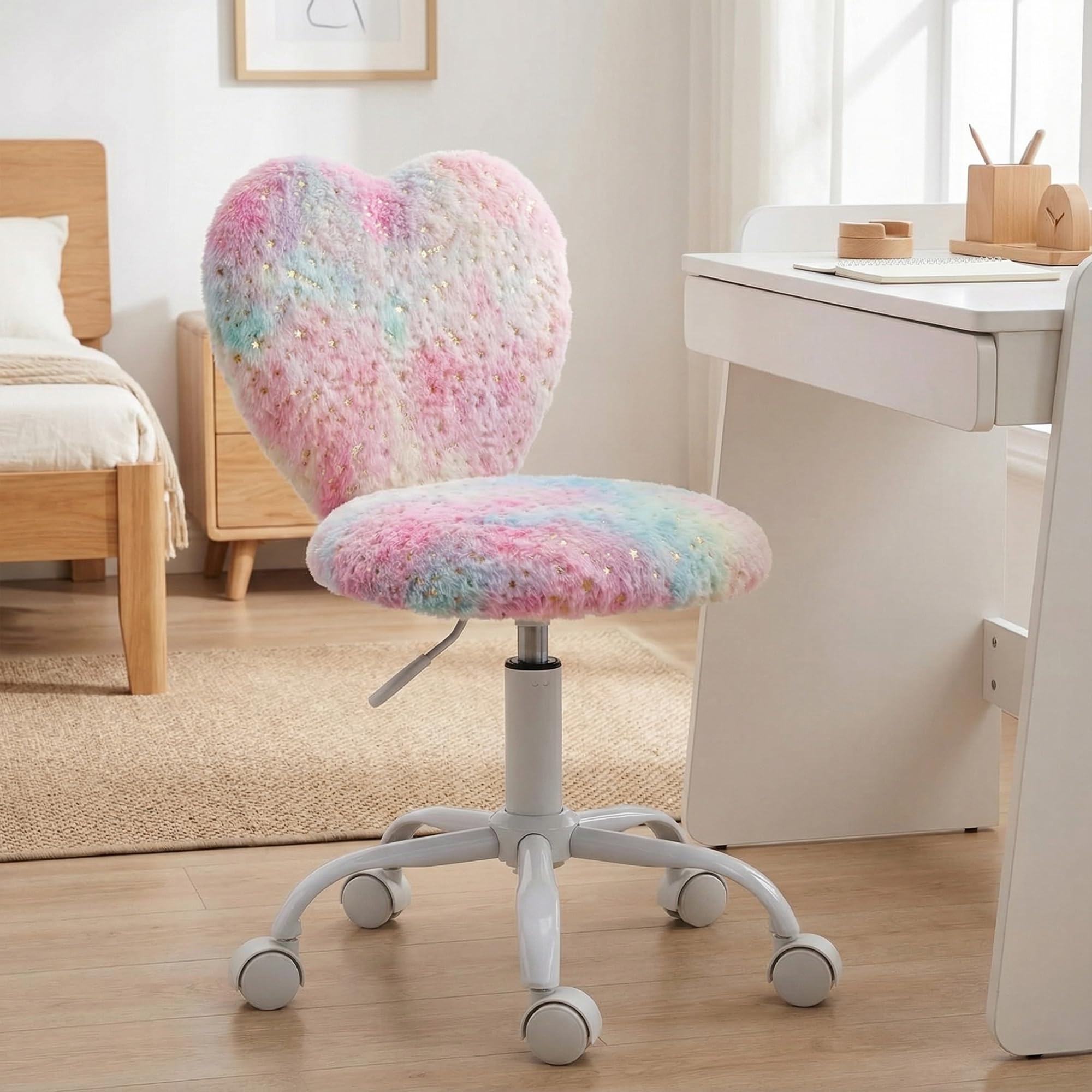chairus Kids Desk Chair Faux Fur Study Chair for Teenage Girls, Adjustable Heart Shaped Kids Vanity Chair for Bedroom Reading Living Room, Small Cute Student Task Chair with White Foot, Colorful