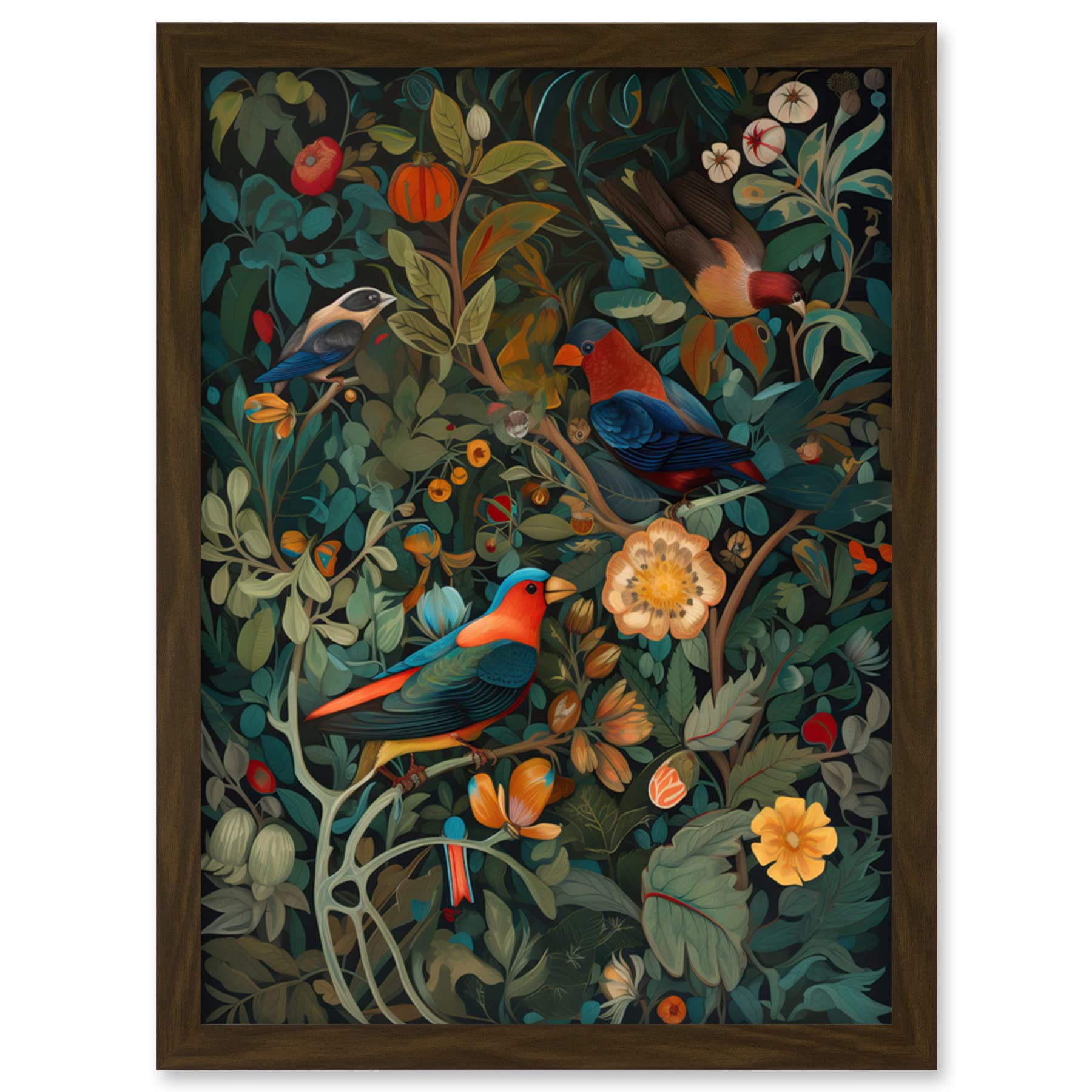 Artery8 Parrots on Exotic Blooming Trees Modern Folk Art Artwork Framed Wall Art Print A4