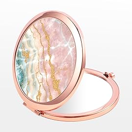 Dynippy Compact Mirror Rose Gold Makeup Mirror Folding Mini Pocket Mirror Portable Hand Mirror Double-Sided 2 x 1x Magnification for Woman Girls - Marble Veins