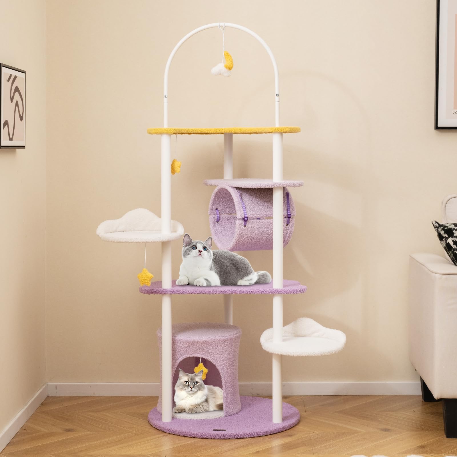 COSTWAY Tiragraffi per Gatti 158cm, Albero per Gatti con Multi Livelli, Struttura in Metallo, Trespolo Superiore e Piattaforme per Salti, Torre per Animali Interno, Viola, Bianco e Giallo