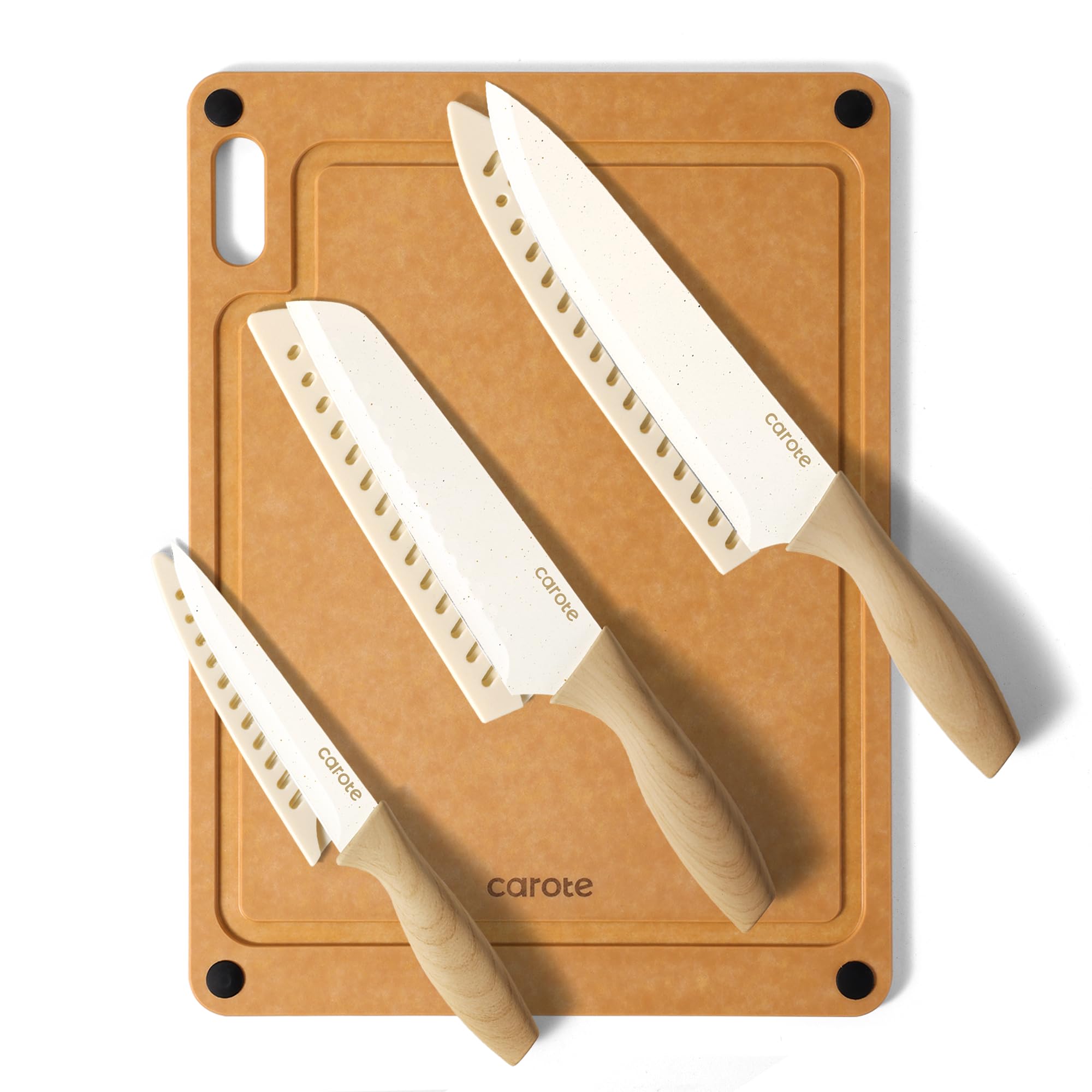 CAROTE Knife Set, 7 Pcs Kitchen Knives Set with 5 Blade Guards, Wooden Cutting Board, Rustproof Stainless Steel Kitchen Knife Sets with Nonstick Ceramic Surface