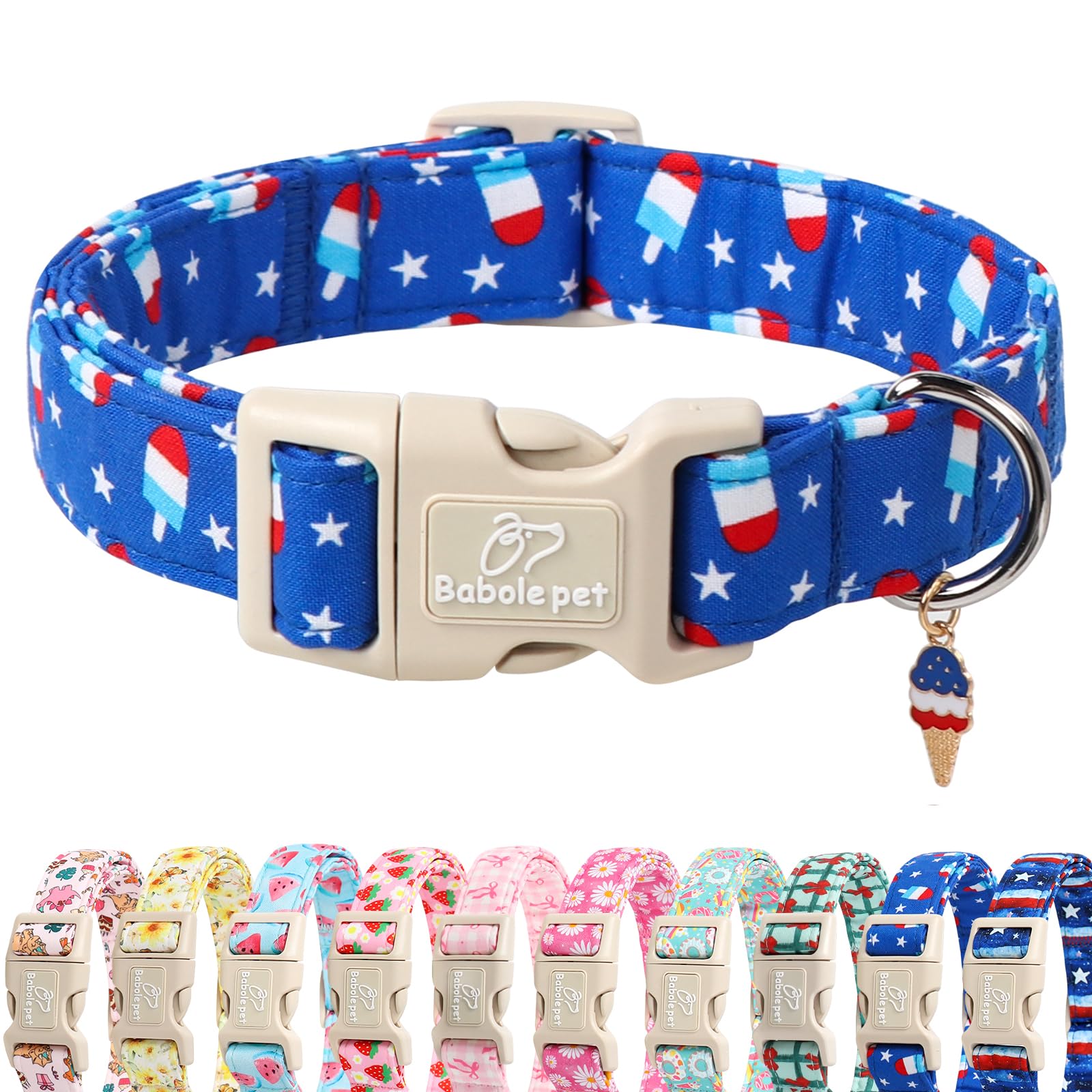 Babole Pet 4th of July Dog Collar, Summer Popsicle Patriotic Dog Collars for Giant Large Dogs, Adjustable Lightweight Quick-Release Buckle Collar for