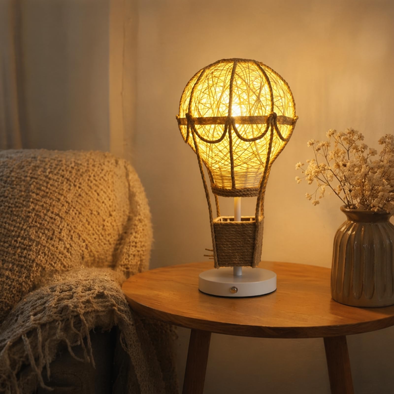 Lampada a Mongolfiera in Rattan e Canapa, Luce Calda Diffusa, Decorazione Boho Unica e Romantica per Camera e Soggiorno