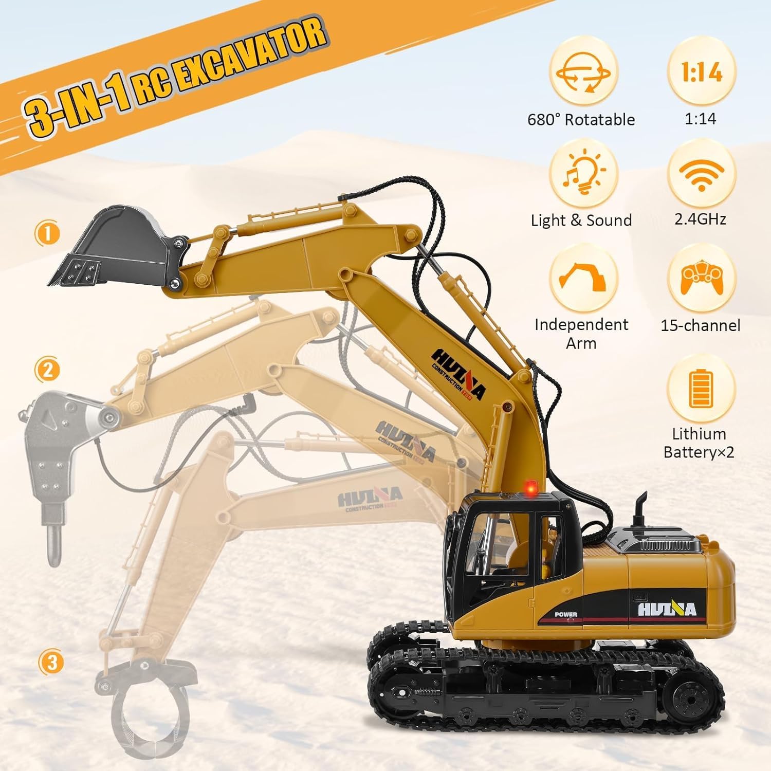 Lischwert Pelleteuse Télécommandée,Pelle RC en Alliage 3 in1,Télécommande Digger 1/14 22 canaux,Excavatrice Jouet Camion Chantier Télécommandée avec LED et Son