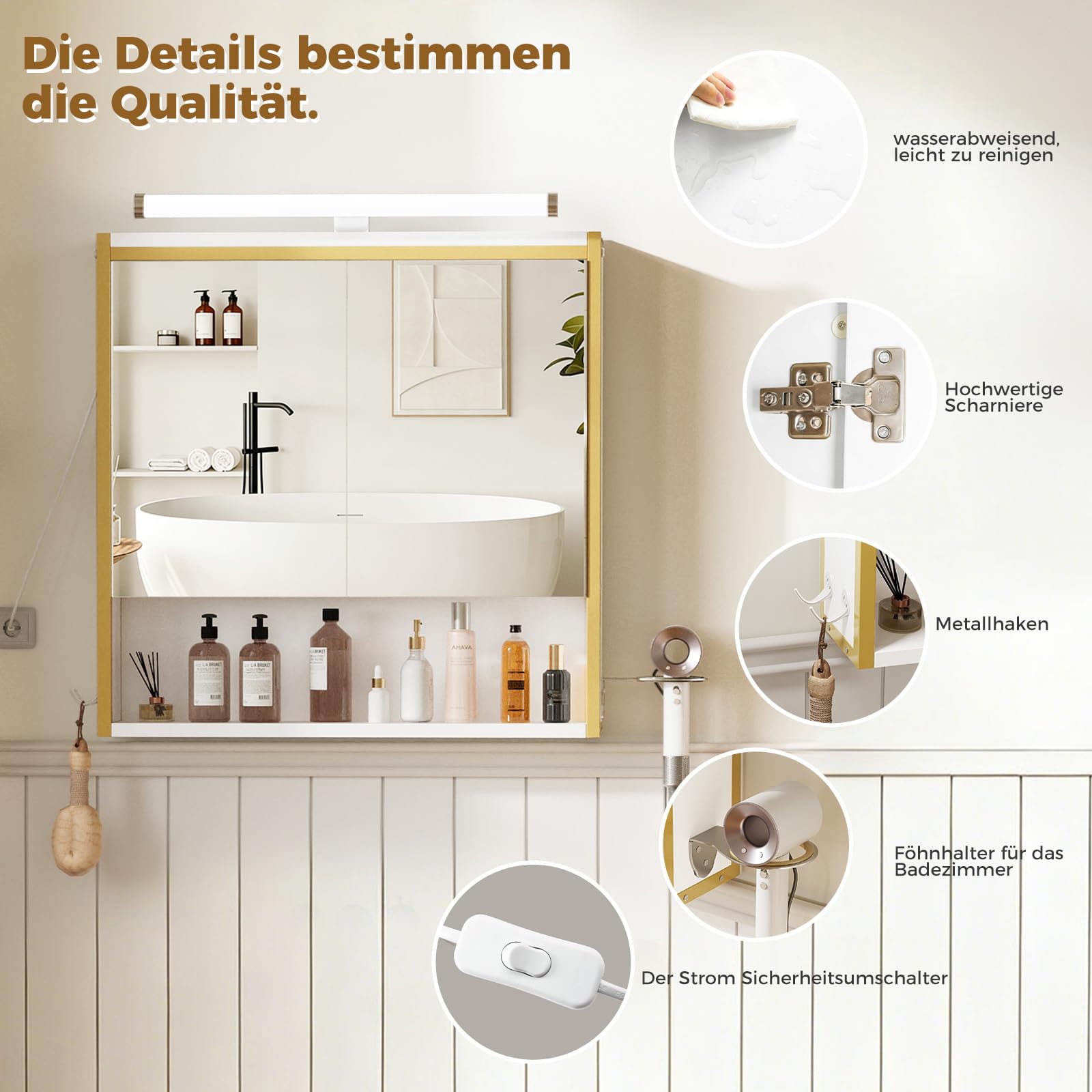 ELUCHANG Ensemble Meuble Salle de Bain 2 pièces,Armoire Murale Salle de Bain avec LED, Meuble sous lavabo avec 2 Tiroirs,étagères réglables, Style Industriel,Blanc+Doré