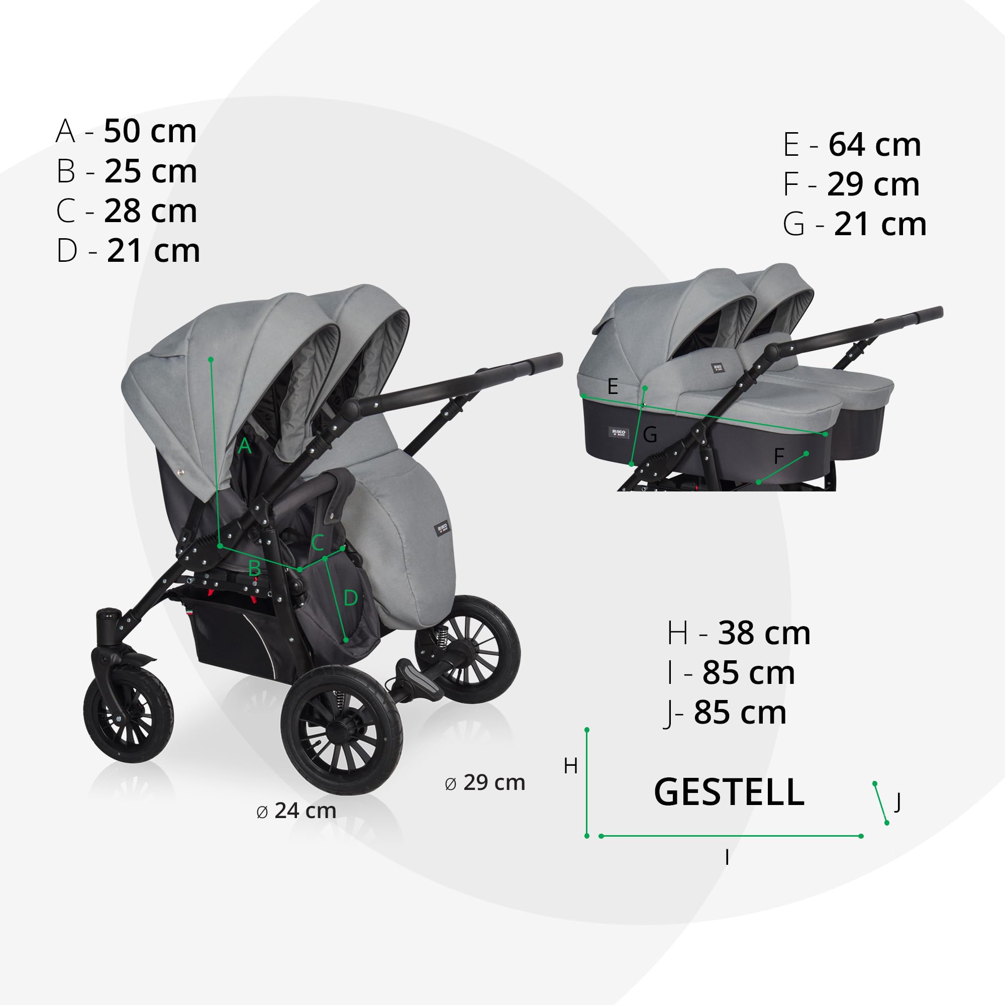 Riko Basic kinderwagen 2 in 1 SAXO für Zwillinge – 2 baby Gondeln – kinderwagen für 2 kinder – Ventilatoren und Verdeck – geräumiger Korb und Tasche – Zentralbremse – Onyx