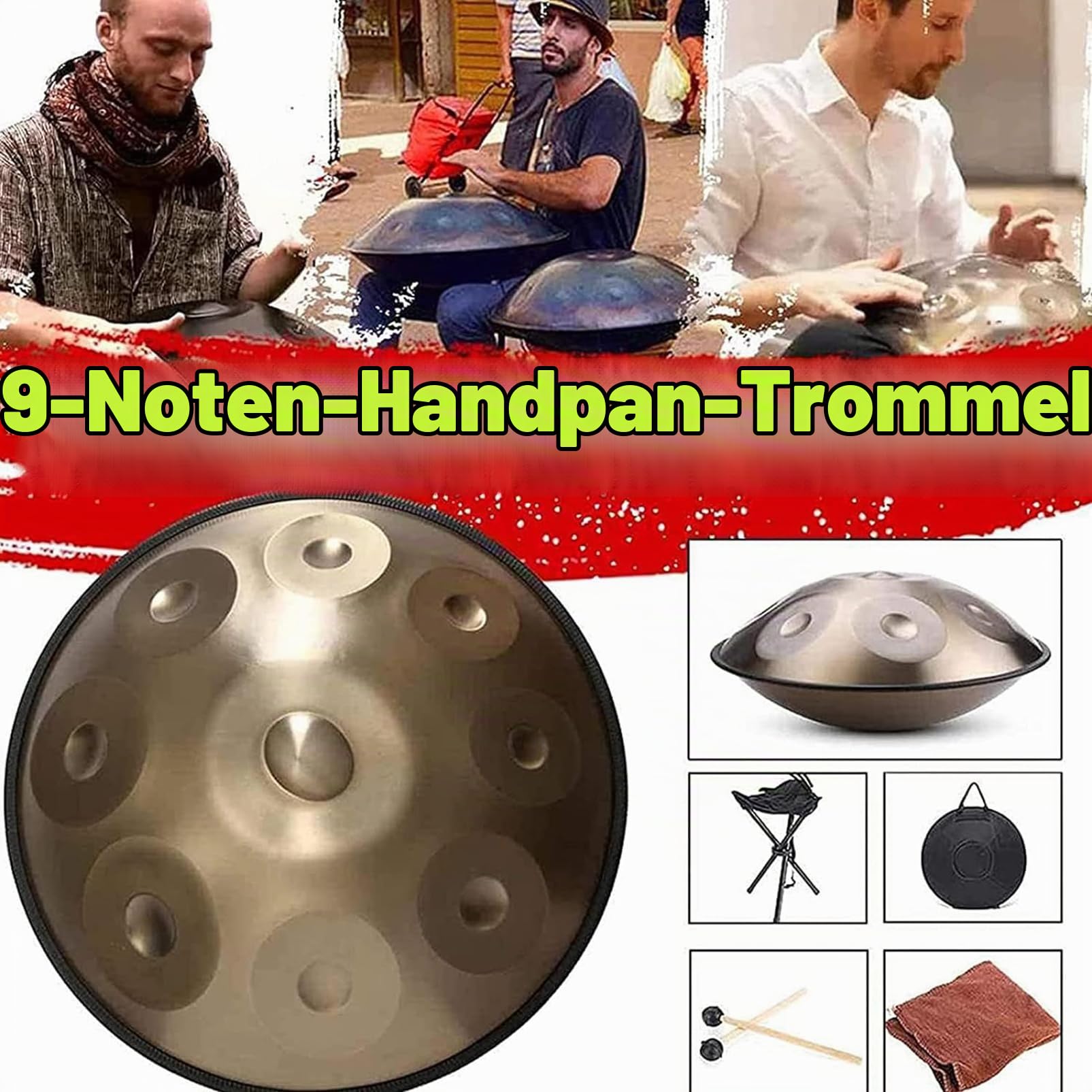 Handpan Drum Instrument, 22 Zoll Handpan Trommel Stahltrommel In D-Moll, 9 Noten 440Hz Percussion Musikinstrumente Handtrommel Set, Handgefertigt, Mit Tasche Schlägel Ständer - Gold