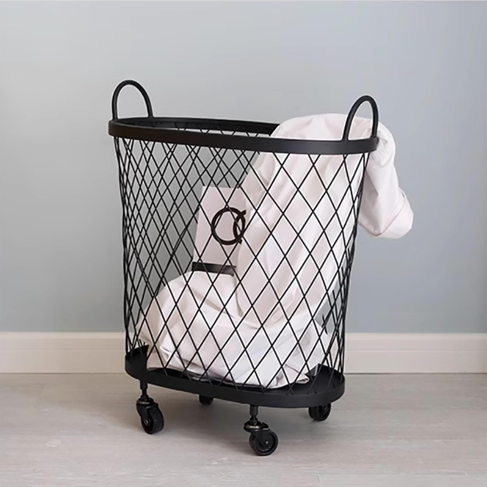 Panier à linge à roulettes en métal, organiseur à linge polyvalent pour tapis de yoga et vêtements, solution de rangement portable pour linge, design durable et élégant