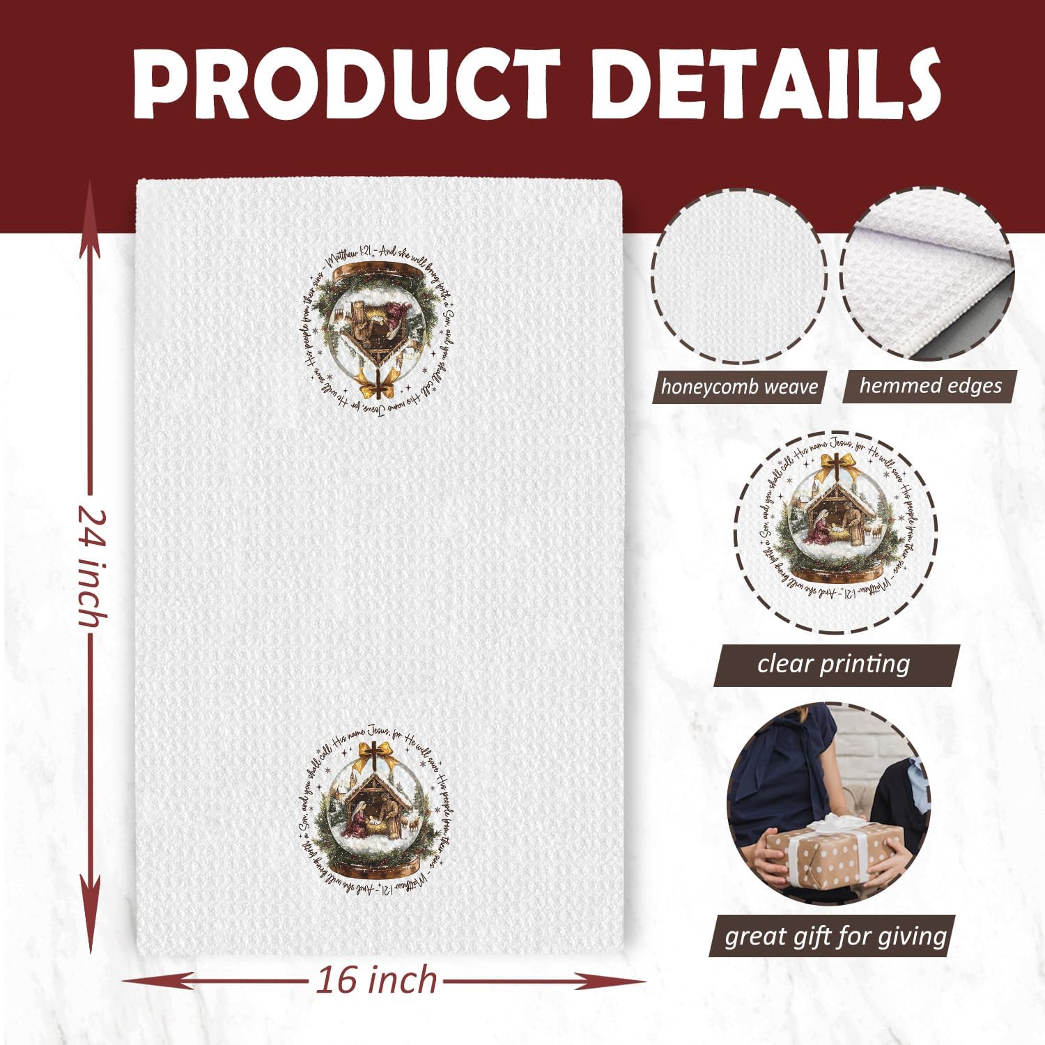Christmas Nativity Christian Kitchen Towels, Matthew 1:21 Bible Verse Decor Dish Tea Towels for Kitchen, Winter Holiday Religious Xmas Hand Towel for Bathroom Decor, 16x24 Inches - Image 2