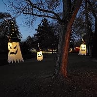 Vista 6 de Decoraciones de Halloween al aire libre, 3 piezas de gran tamaño colgante iluminado brillante fantasma bruja decoración con cadena de luces