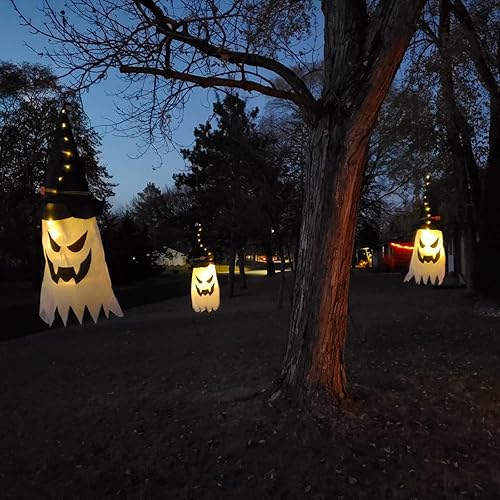 Miniatura 6 de Decoraciones de Halloween al aire libre, 3 piezas de gran tamaño colgante iluminado brillante fantasma bruja decoración con cadena de luces para