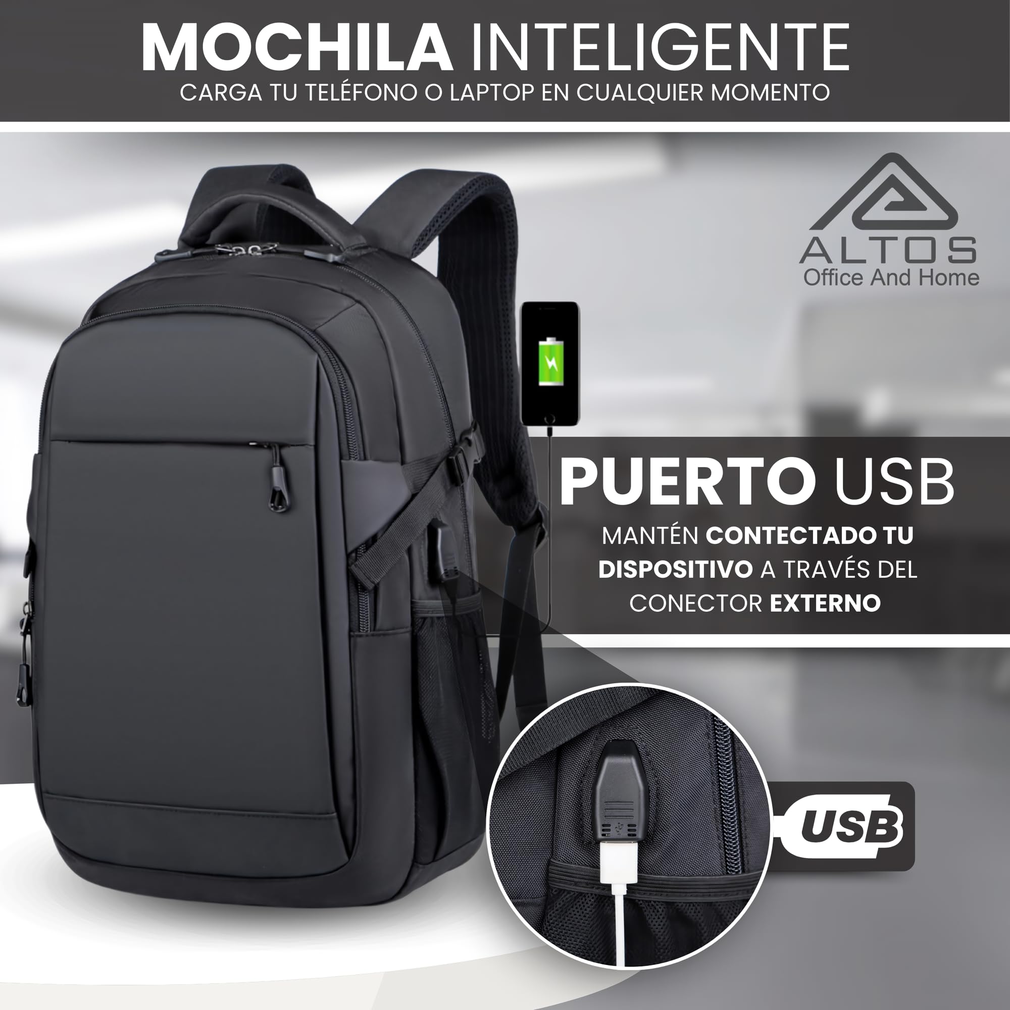 ALTOS OFFICE AND HOME Mochila para Portátil de 15,6 Pulgadas con Conexión USB, Impermeable, Protección contra Robo, para Viajes de Negocios, Estudio y Senderismo, Color Negro