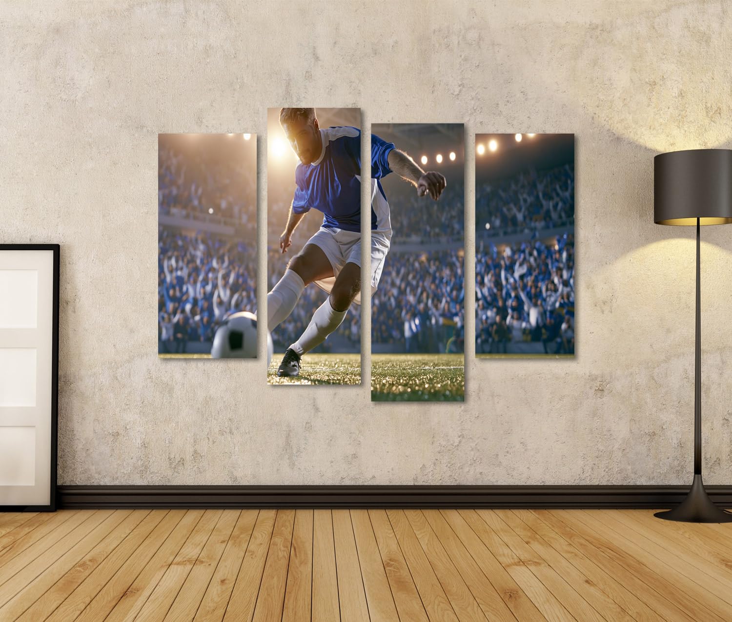 islandburner Quadro su tela, motivo: giocatore di calcio dinamico, decorazione per soggiorno per gli appassionati di sport, 4 pezzi