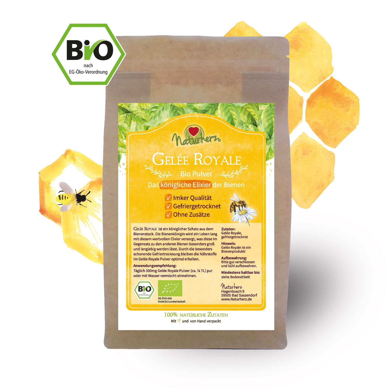 Bio Gelee Royal Pulver | 100% gefriergetrocknetes Gelee in bewährter Naturherz-Qualität vom Bio Imker (50g)