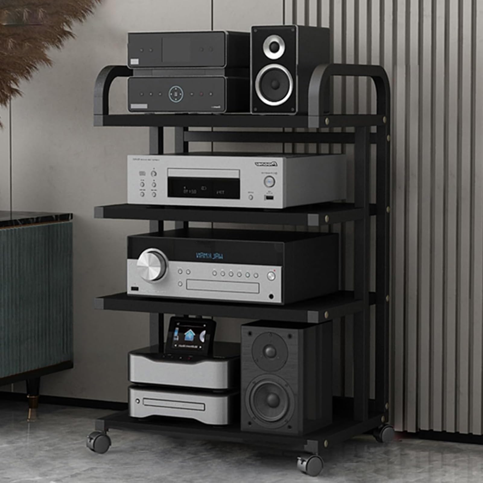Soporte de medios AV resistente, gabinete estéreo y reproductor de discos, torre de audio y CD, solución de almacenamiento AV para sala de estar, oficina y estudio de grabación (negro, 85,5 x 50 cm)