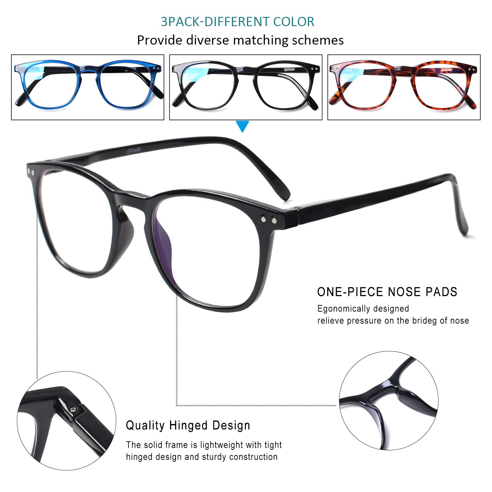 Henotin Blaulichtblockierende Lesebrille, Federscharnier, Computer-Lesegerät, für Männer und Frauen, UV-Filterlinsen (3 gemischte Farben, 0,75) 3 Stück