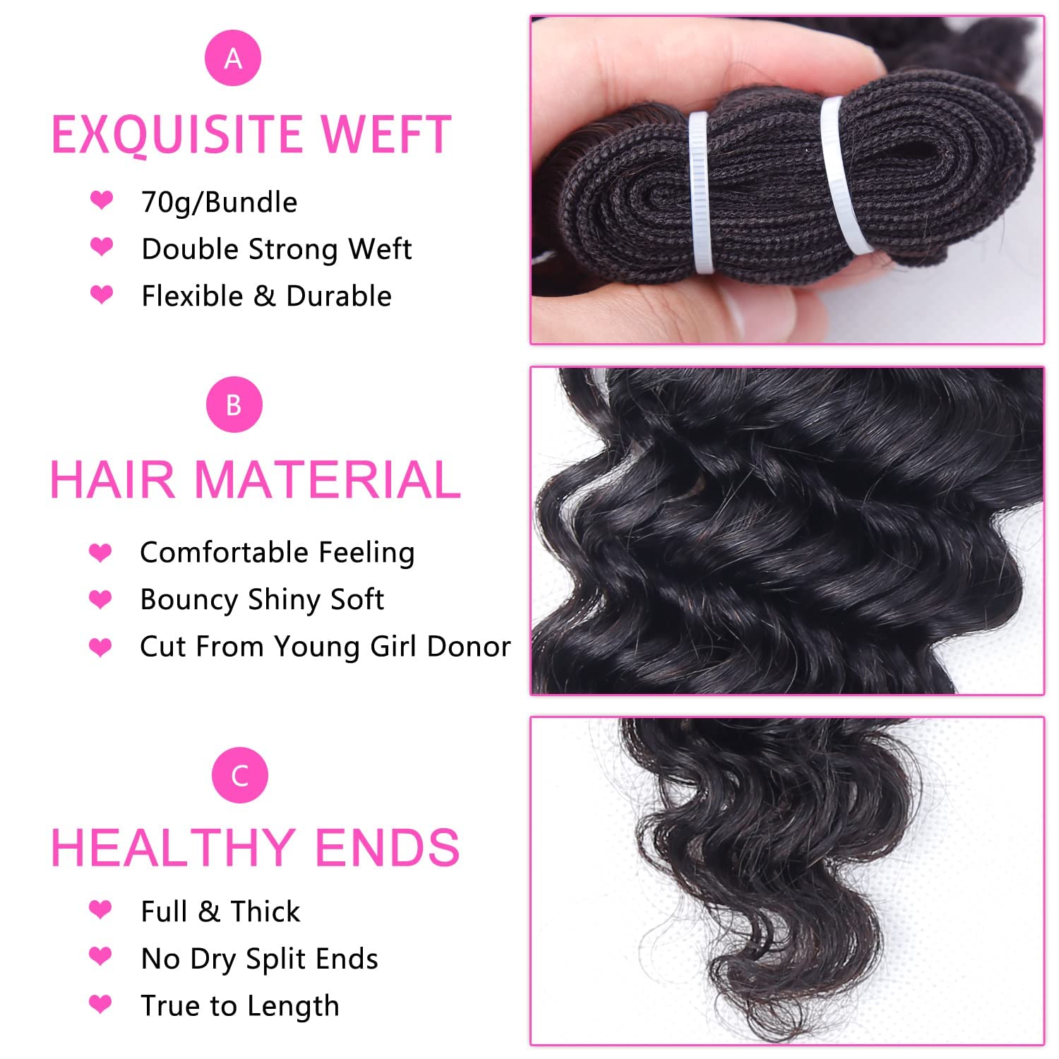 Deep Curly Wave Human Hair Bundles with Closure(10 12 14+10) Brazilian Virgin Human Hair 10A Wet and Wavy 3 Bundles with Lace Closure 70g/bundle Natural Color - Image 4
