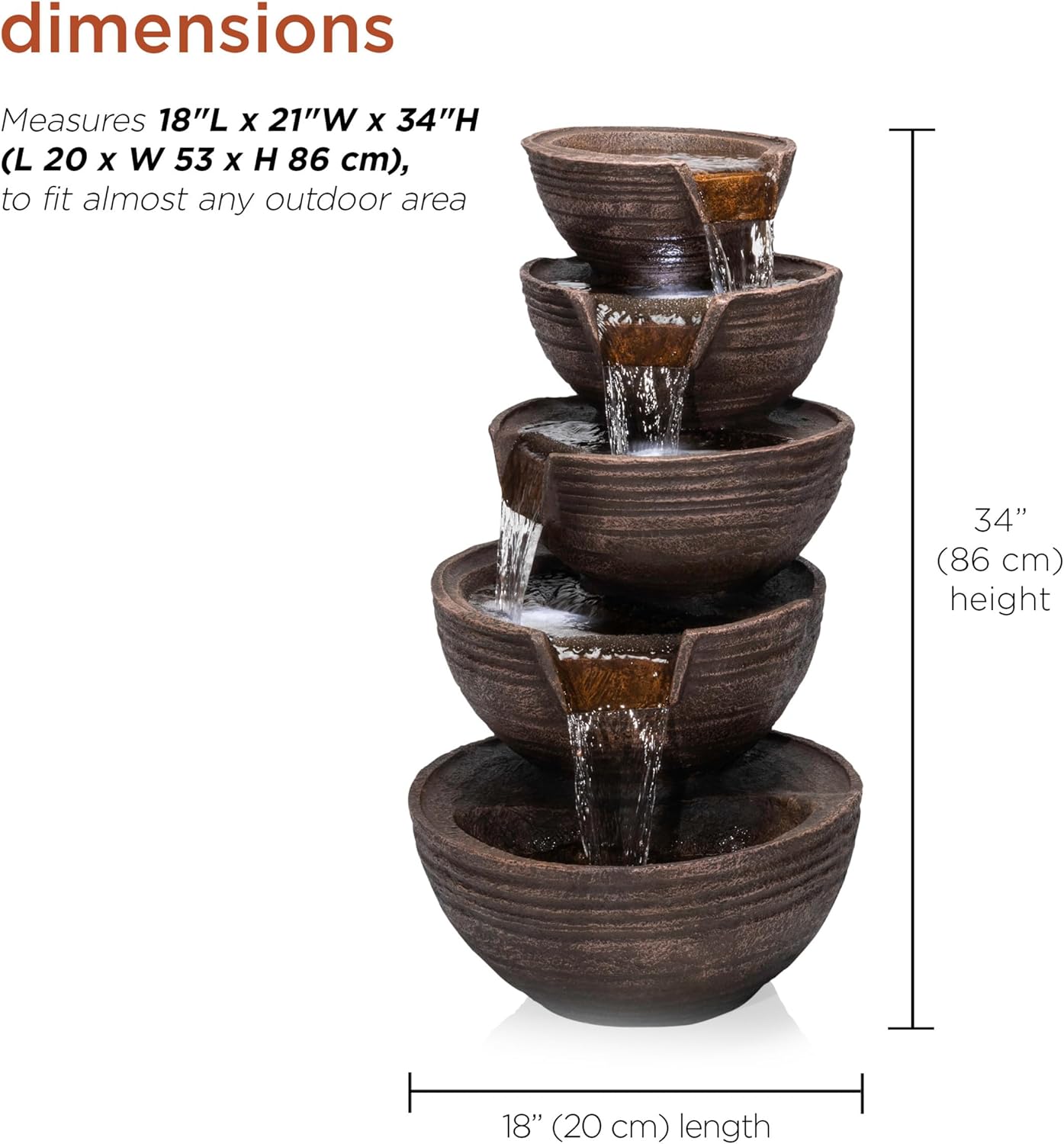 Alpine Corporation TZL101 Outdoor Floor 5-Tiered Bowl Fountain with LED Lights, Tiered Bowls Waterfall Fountain 34", Black